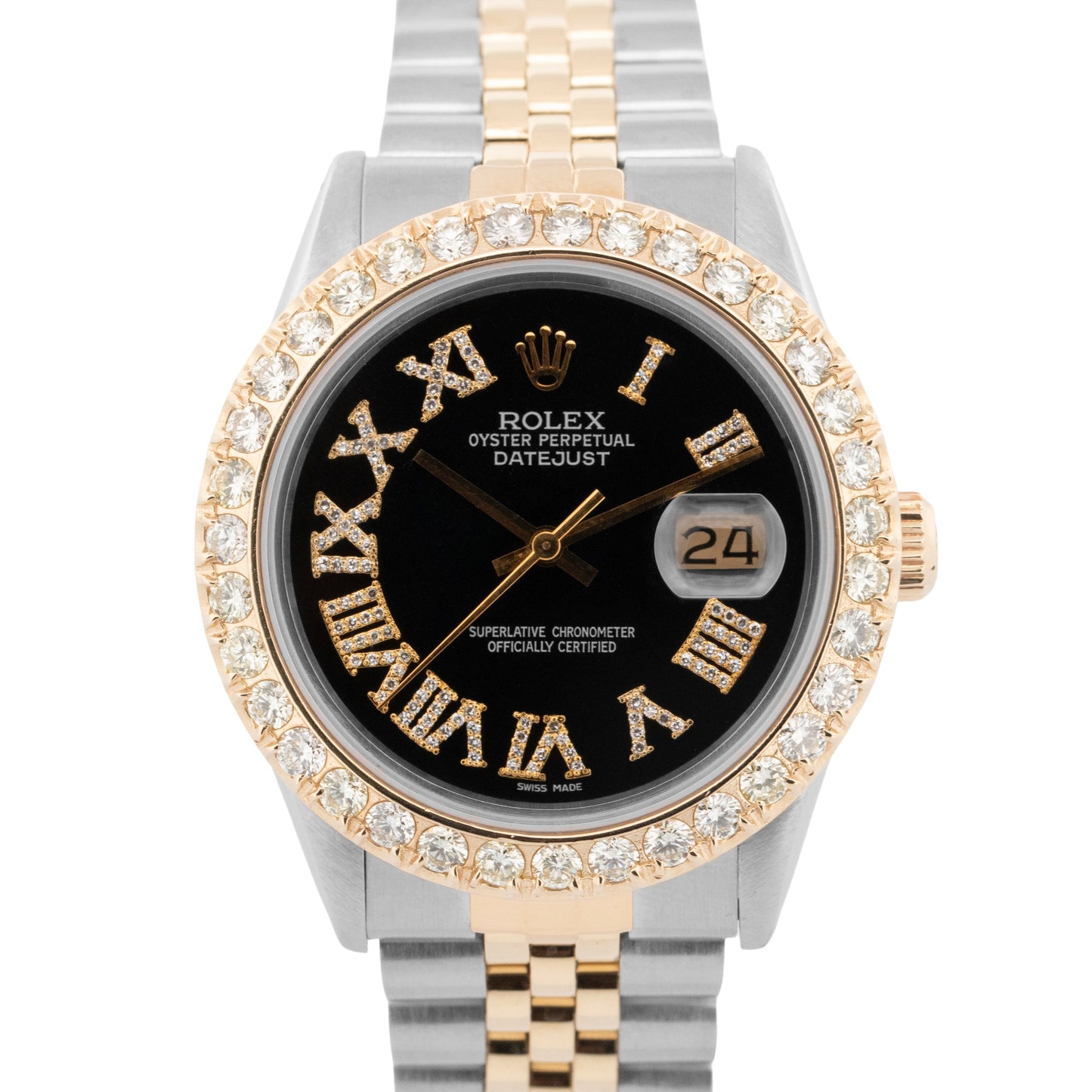 Rolex DateJust 36mm Black DIAMOND 18K Yellow Gold Two-Tone Steel Watch 16013