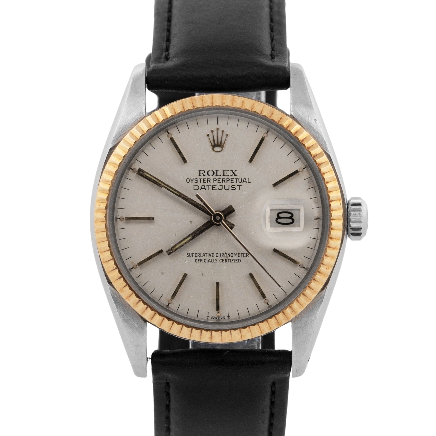 Rolex DateJust 36mm Two-Tone Steel Yellow Gold Silver Leather 16013 Watch