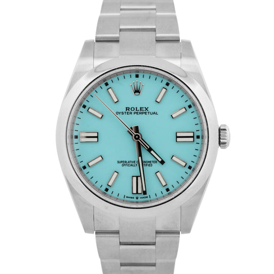 NEW FULLY STICKERED PAPERS Rolex Oyster Perpetual 41 TURQUOISE BLUE 41mm 124300