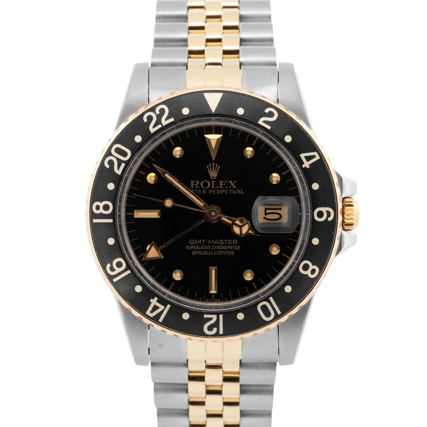 Rolex GMT-Master Black 40mm Nipple Two Tone 18K Yellow Gold Jubilee Watch 16753