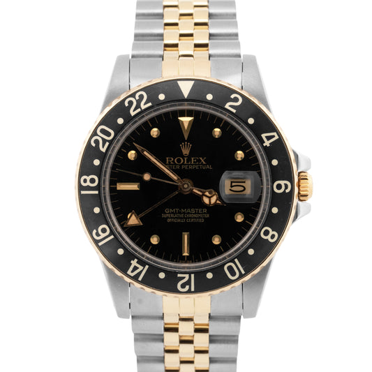 Rolex GMT-Master Black 40mm Nipple Two Tone 18K Yellow Gold Jubilee Watch 16753