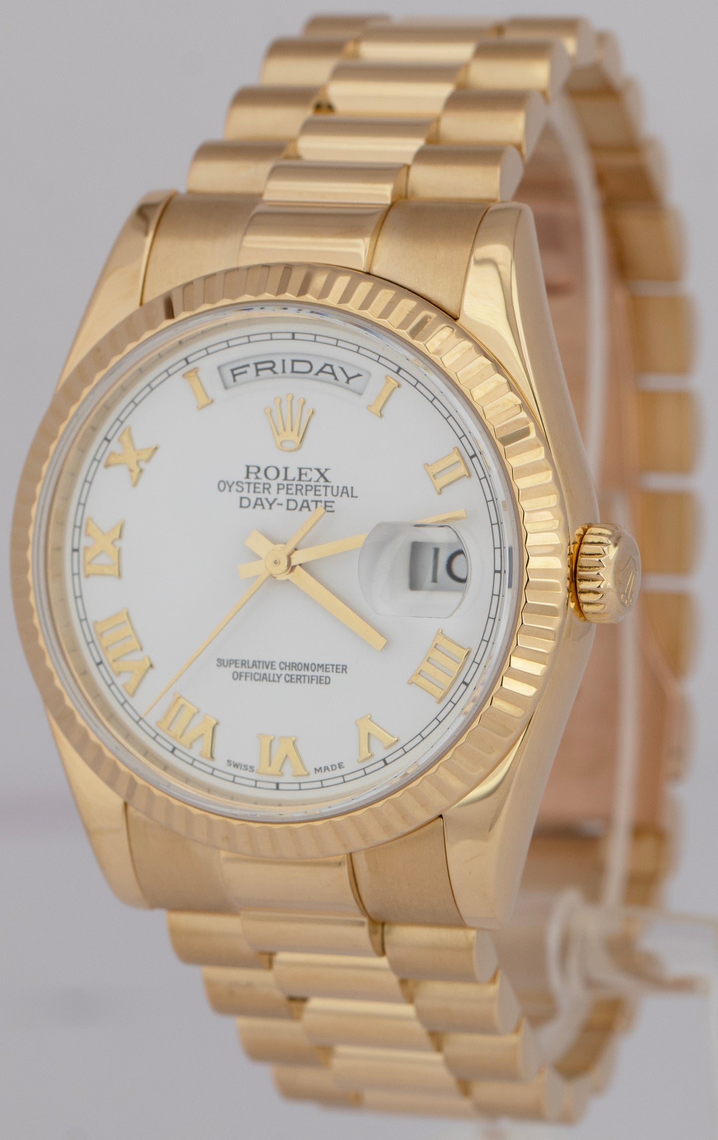 MINT Rolex Day-Date President White Roman 18K Yellow Gold 36mm Watch 118238