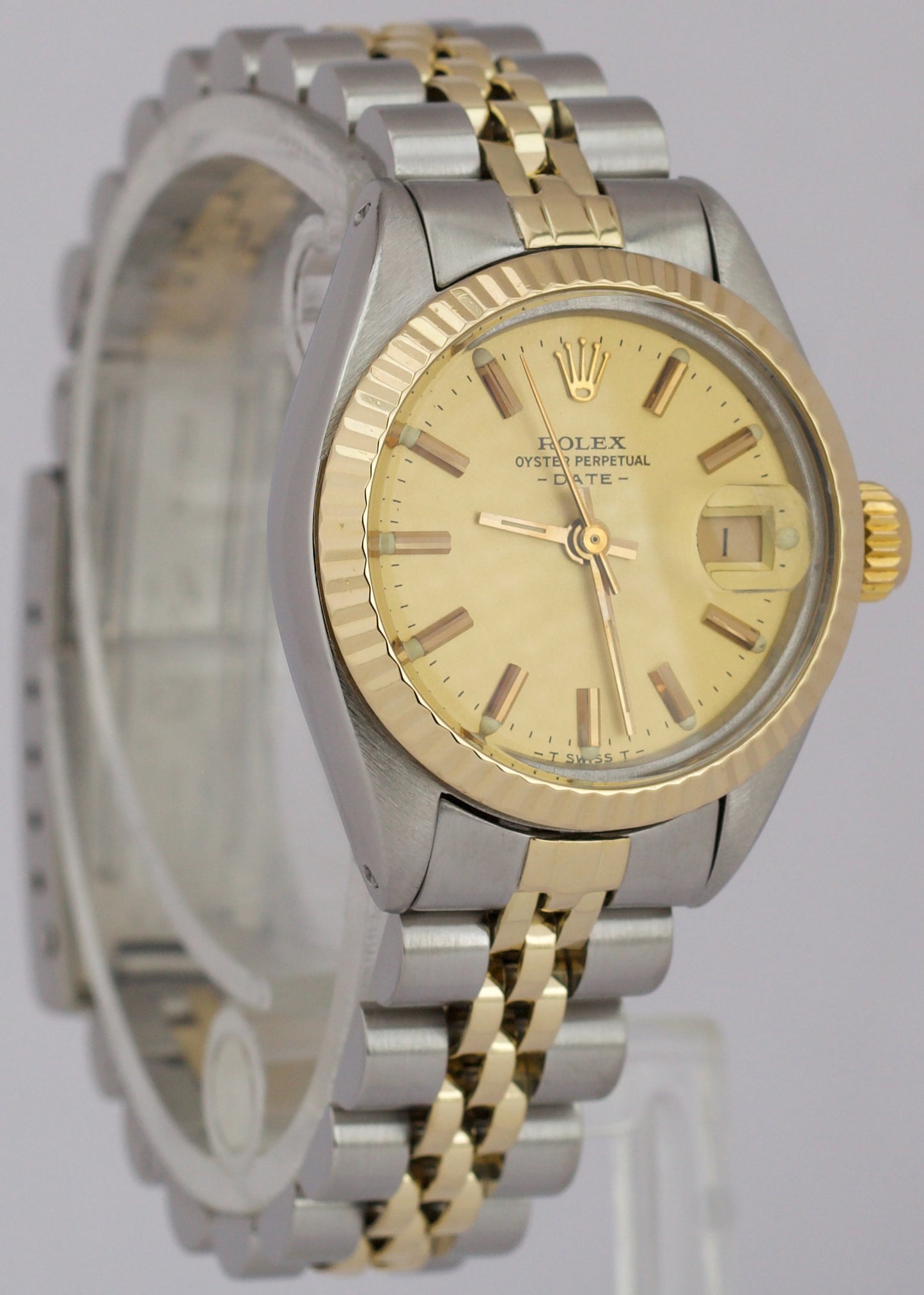 1979 Rolex Date 26mm CHAMPAGNE 18K Yellow Gold Steel Fluted JUBILEE 6917 Watch