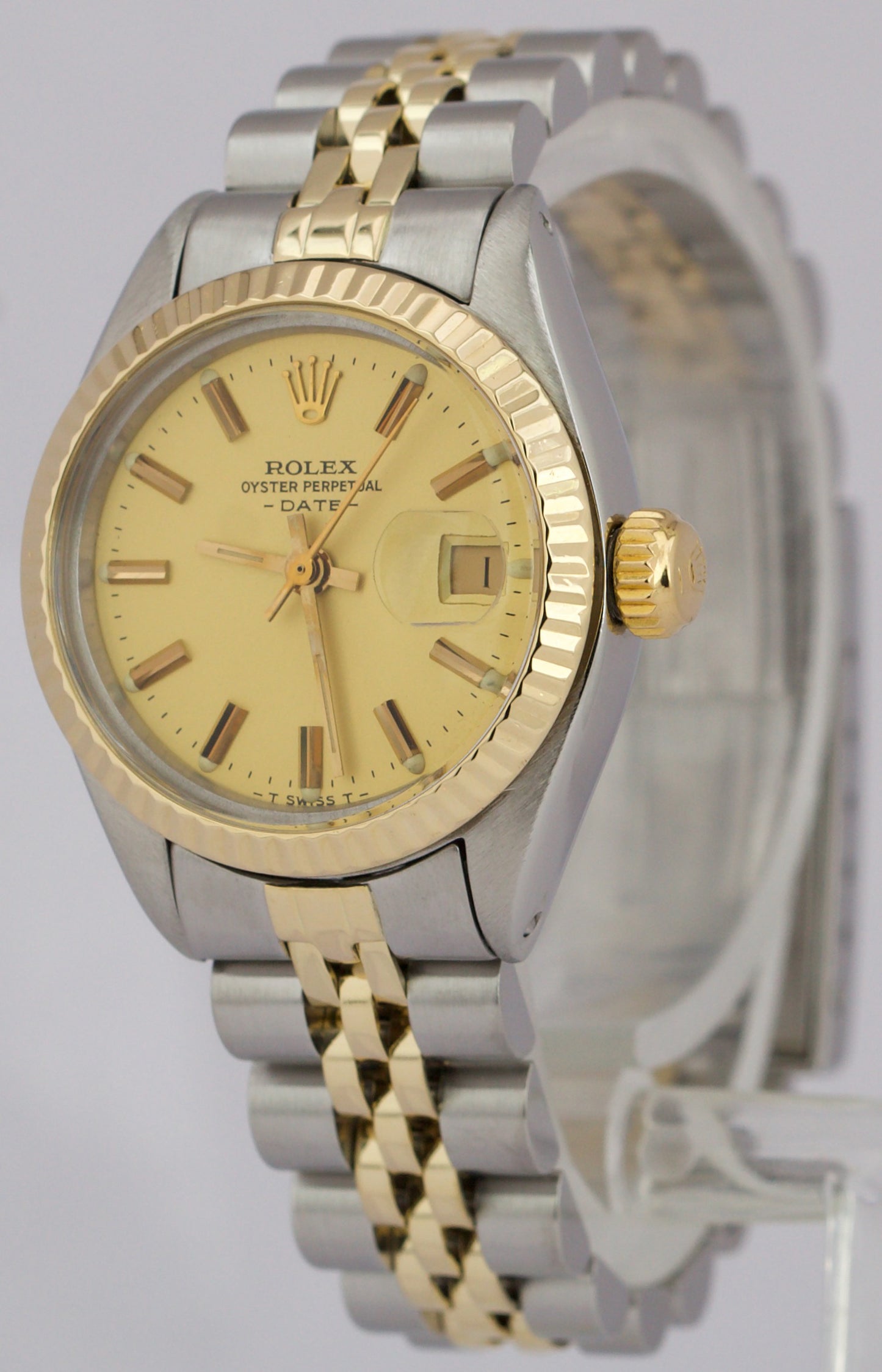 1979 Rolex Date 26mm CHAMPAGNE 18K Yellow Gold Steel Fluted JUBILEE 6917 Watch