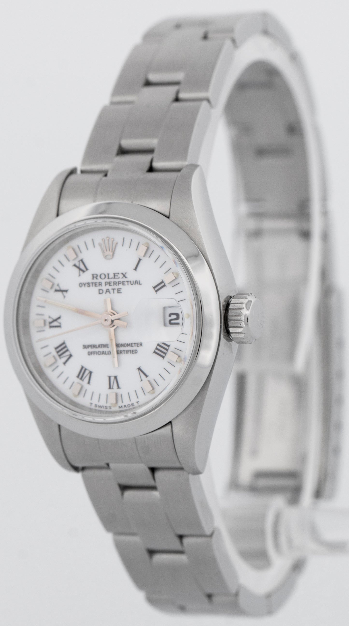 Ladies Rolex Date 26mm White Stainless Steel Oyster Roman Automatic Watch 69160