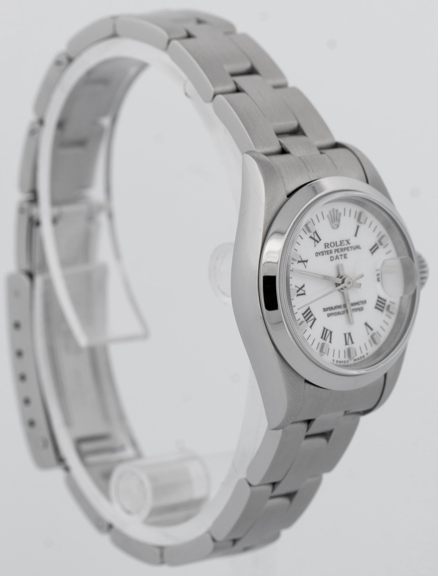 Ladies Rolex Date 26mm White Stainless Steel Oyster Roman Automatic Watch 69160