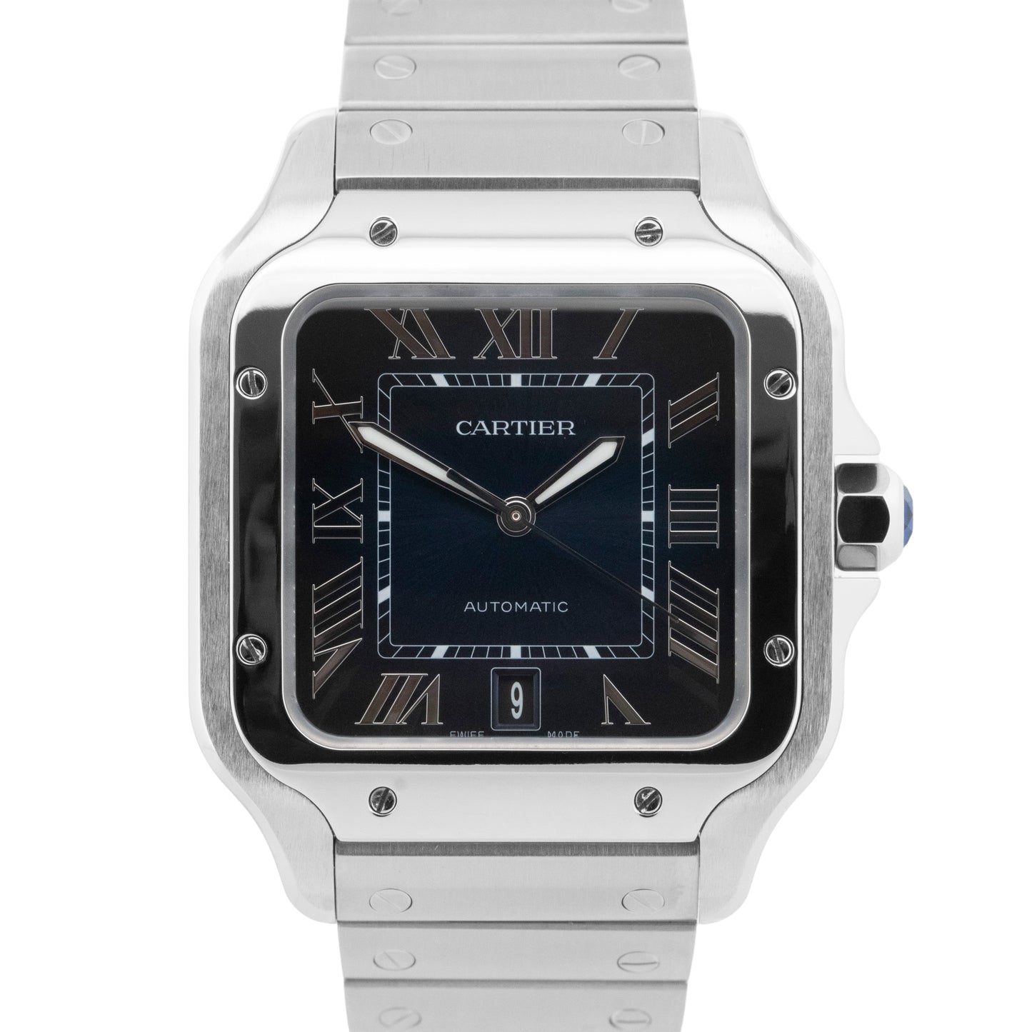 2024 PAPERS Cartier Santos 39.8mm BLUE 4072 WSSA0071 Stainless Steel Watch BOX