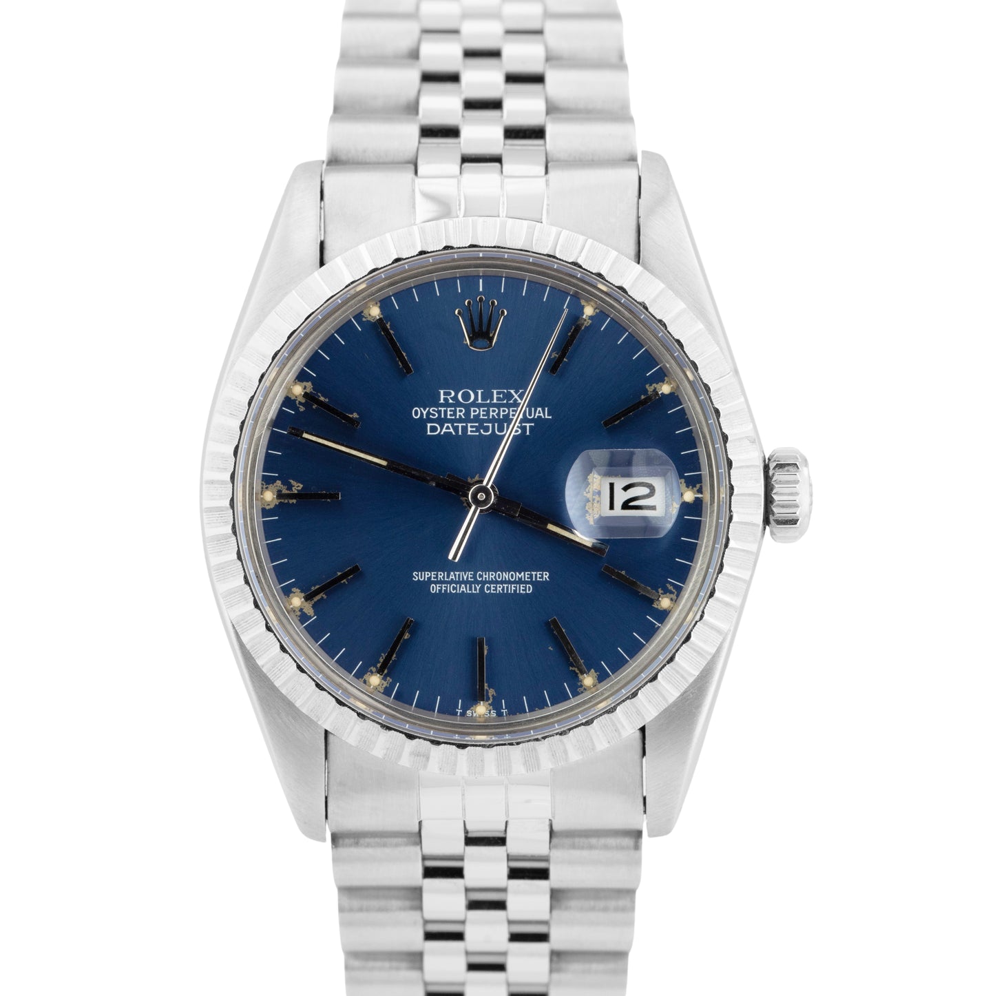 MINT Rolex DateJust 36mm Blue Steel Engine Turned Automatic Jubilee Watch 16030