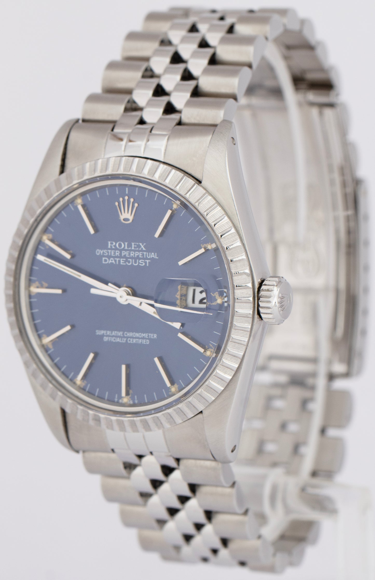 MINT Rolex DateJust 36mm Blue Steel Engine Turned Automatic Jubilee Watch 16030