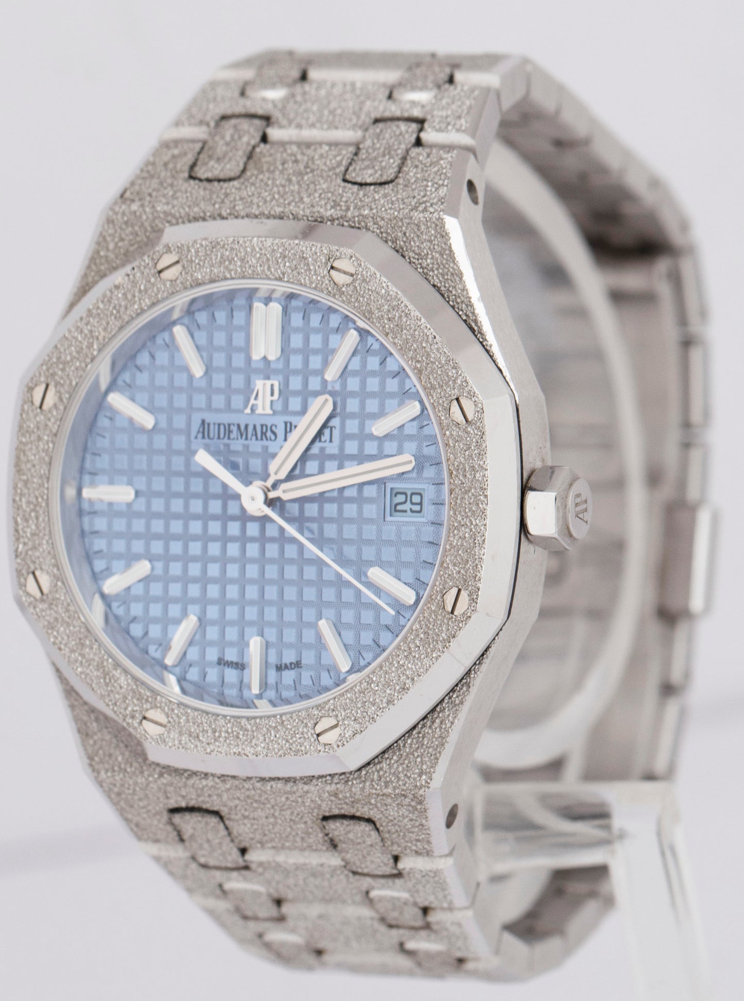PAPERS Audemars Piguet Royal Oak BLUE FROSTED Gold 34mm 77353BC.GG.1263BC.01 BOX