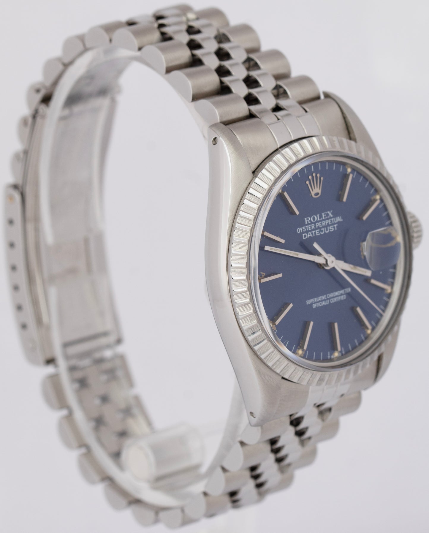 MINT Rolex DateJust 36mm Blue Steel Engine Turned Automatic Jubilee Watch 16030