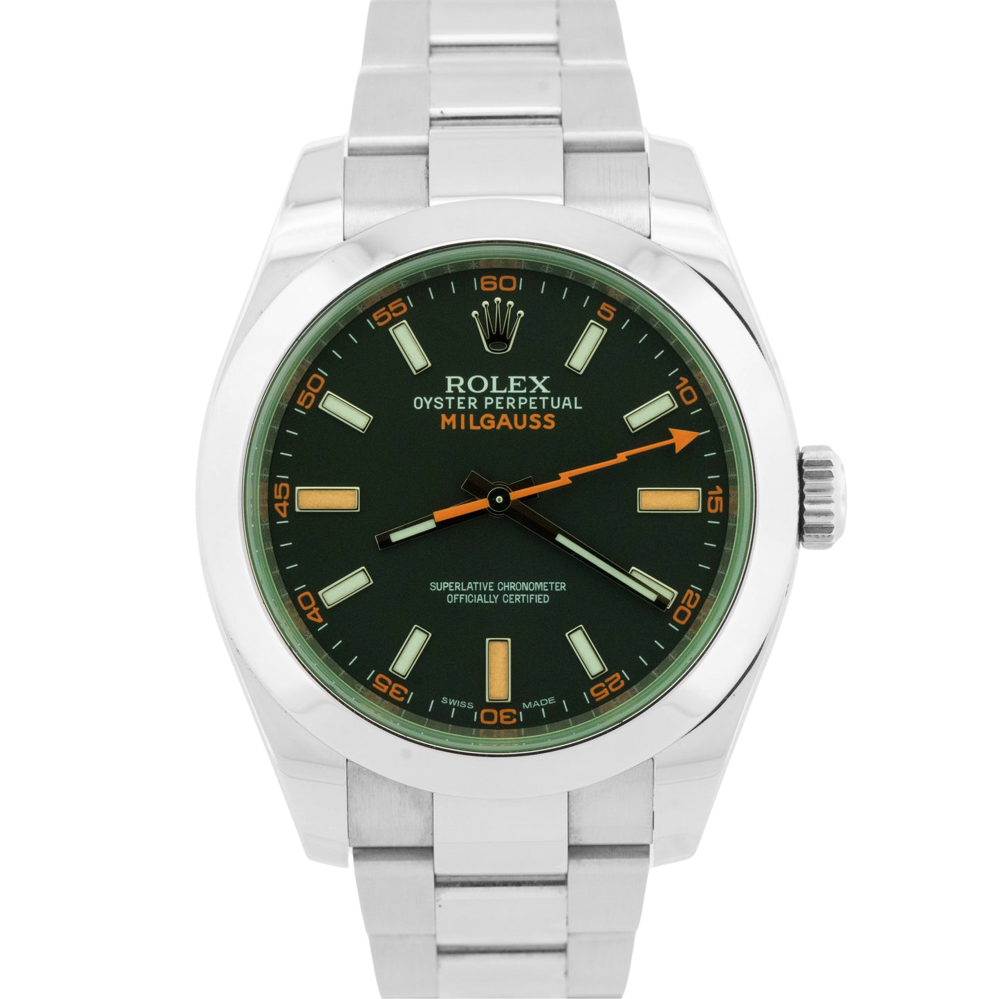 Rolex Milgauss BLACK Green Orange Stainless Steel 40mm Oyster 116400 GV Watch
