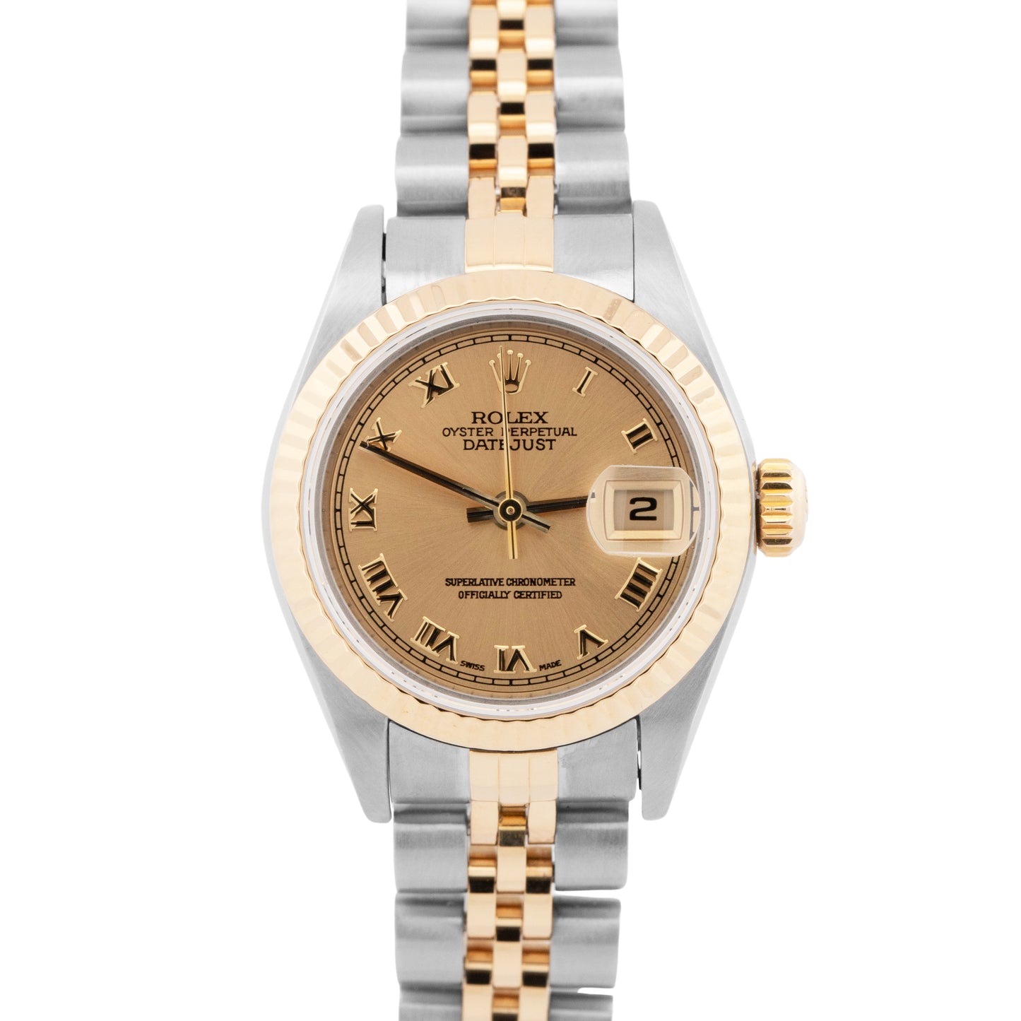 PAPERS Rolex DateJust Champagne 18K Gold Steel 26mm JUBILEE Watch 79173 BOX