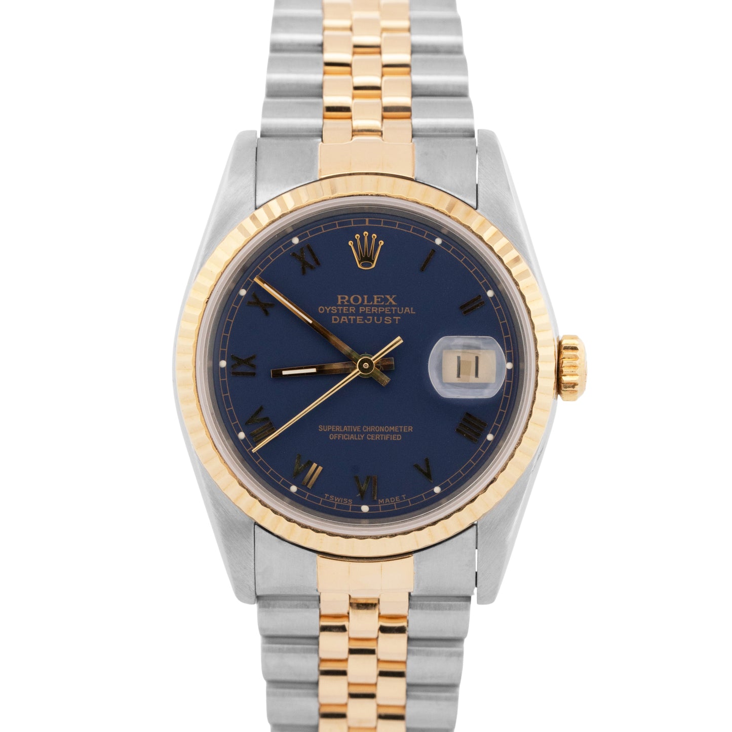 Rolex DateJust 36mm BLUE 18K Yellow Gold Stainless Steel JUBILEE Watch 16233