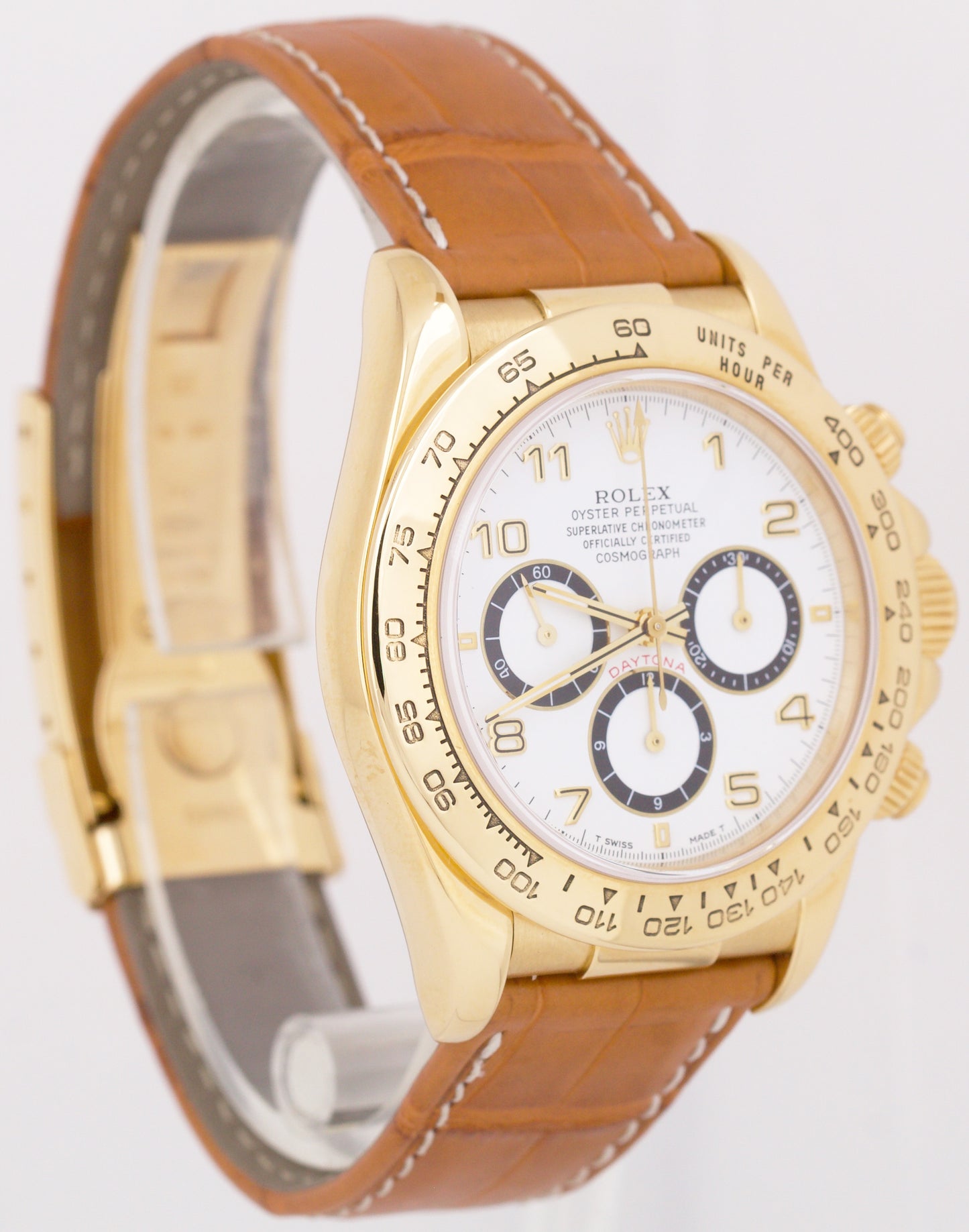 Rolex Daytona Cosmograph 18K Yellow Gold WHITE 40mm Brown Leather 16518 Watch