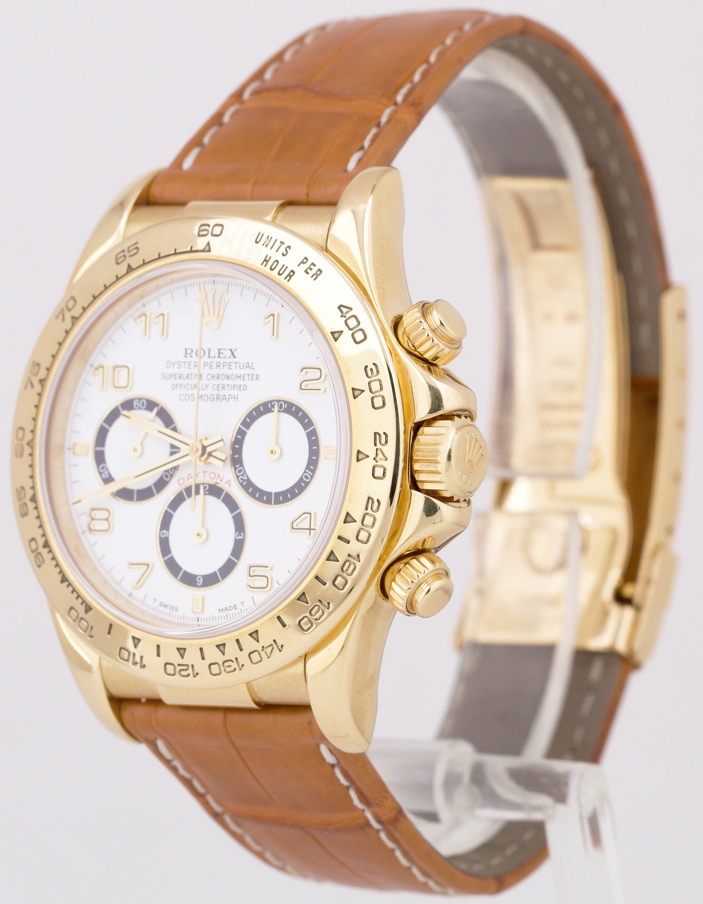Rolex Daytona Cosmograph 18K Yellow Gold WHITE 40mm Brown Leather 16518 Watch