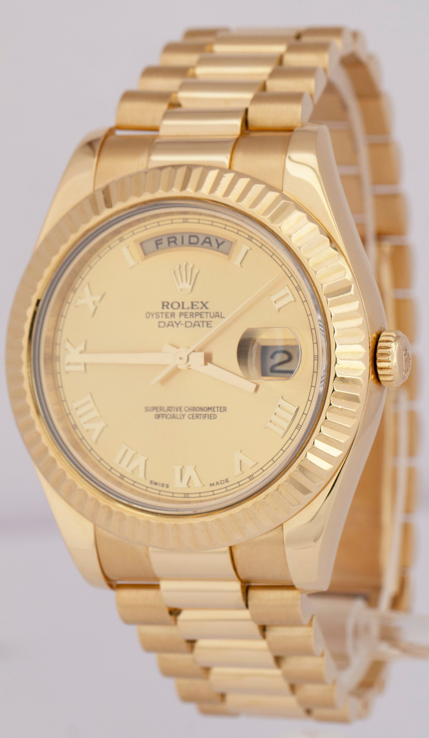 MINT PAPERS Rolex Day-Date II 41mm CHAMPAGNE 18K Yellow Gold Fluted 218238 BOX