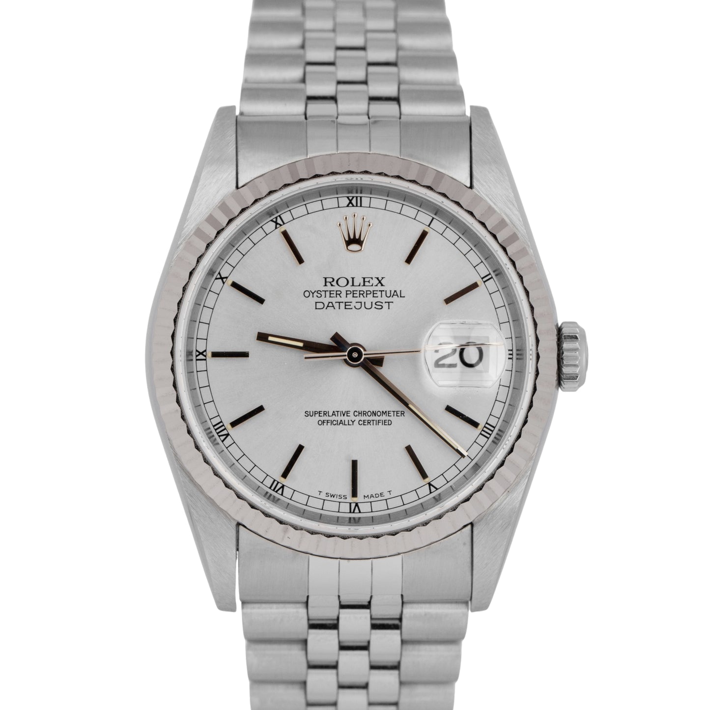 NOS Rolex DateJust Silver 36mm Stainless Steel 18K White Gold Watch 16234 BOX
