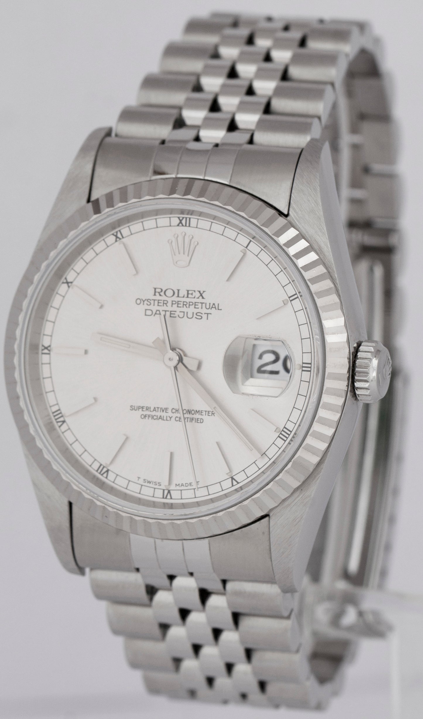 NOS Rolex DateJust Silver 36mm Stainless Steel 18K White Gold Watch 16234 BOX