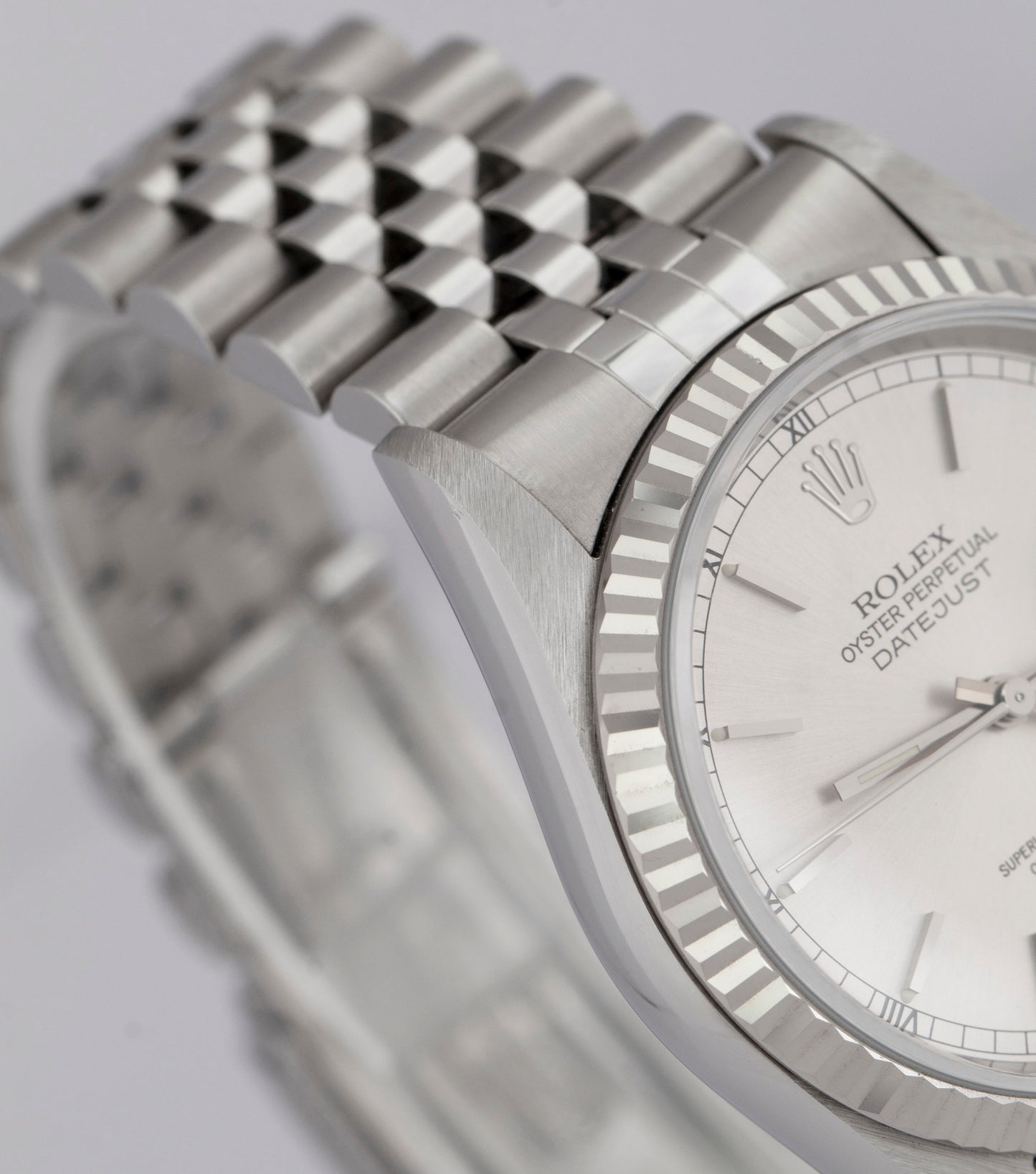 NOS Rolex DateJust Silver 36mm Stainless Steel 18K White Gold Watch 16234 BOX