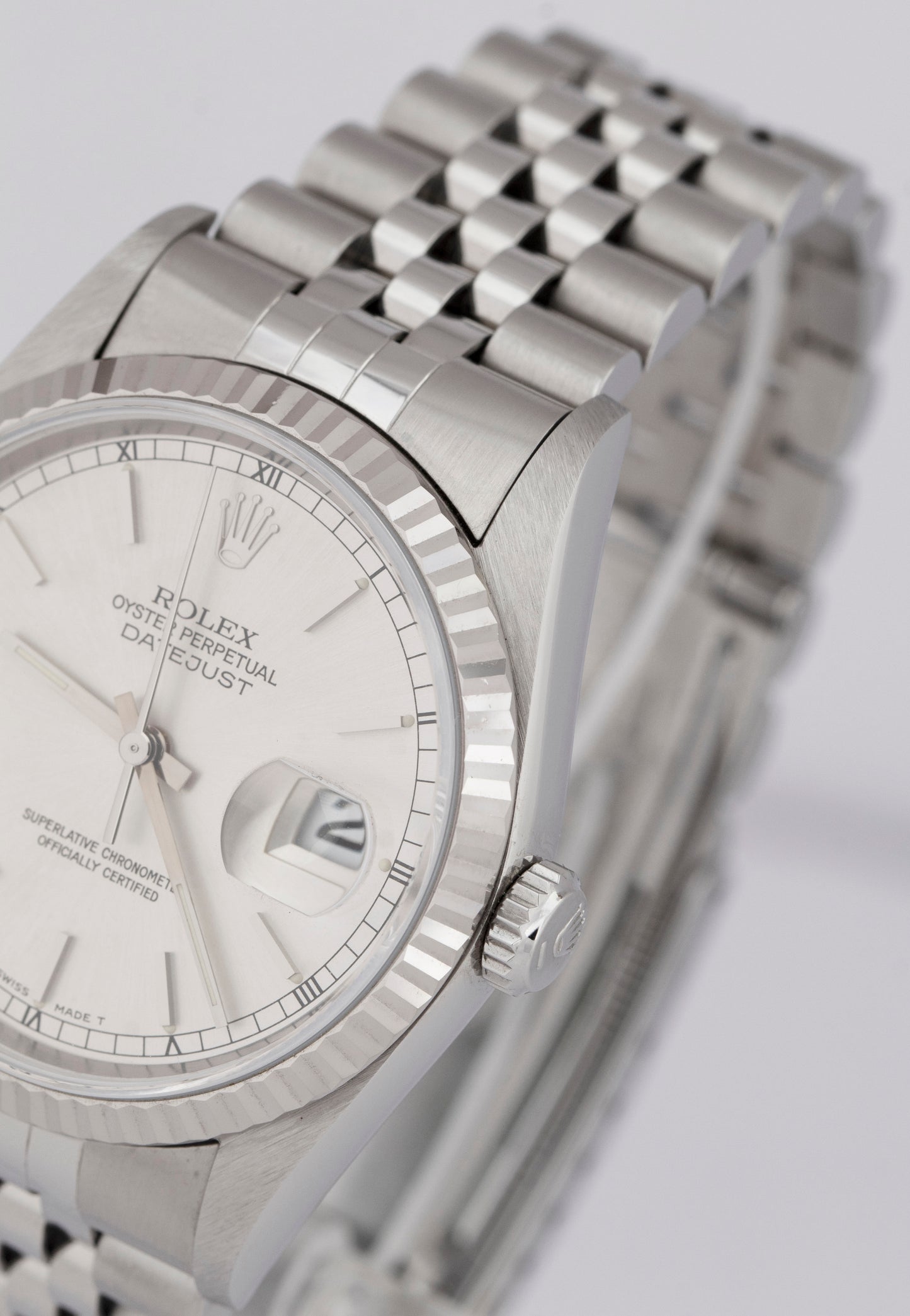 NOS Rolex DateJust Silver 36mm Stainless Steel 18K White Gold Watch 16234 BOX