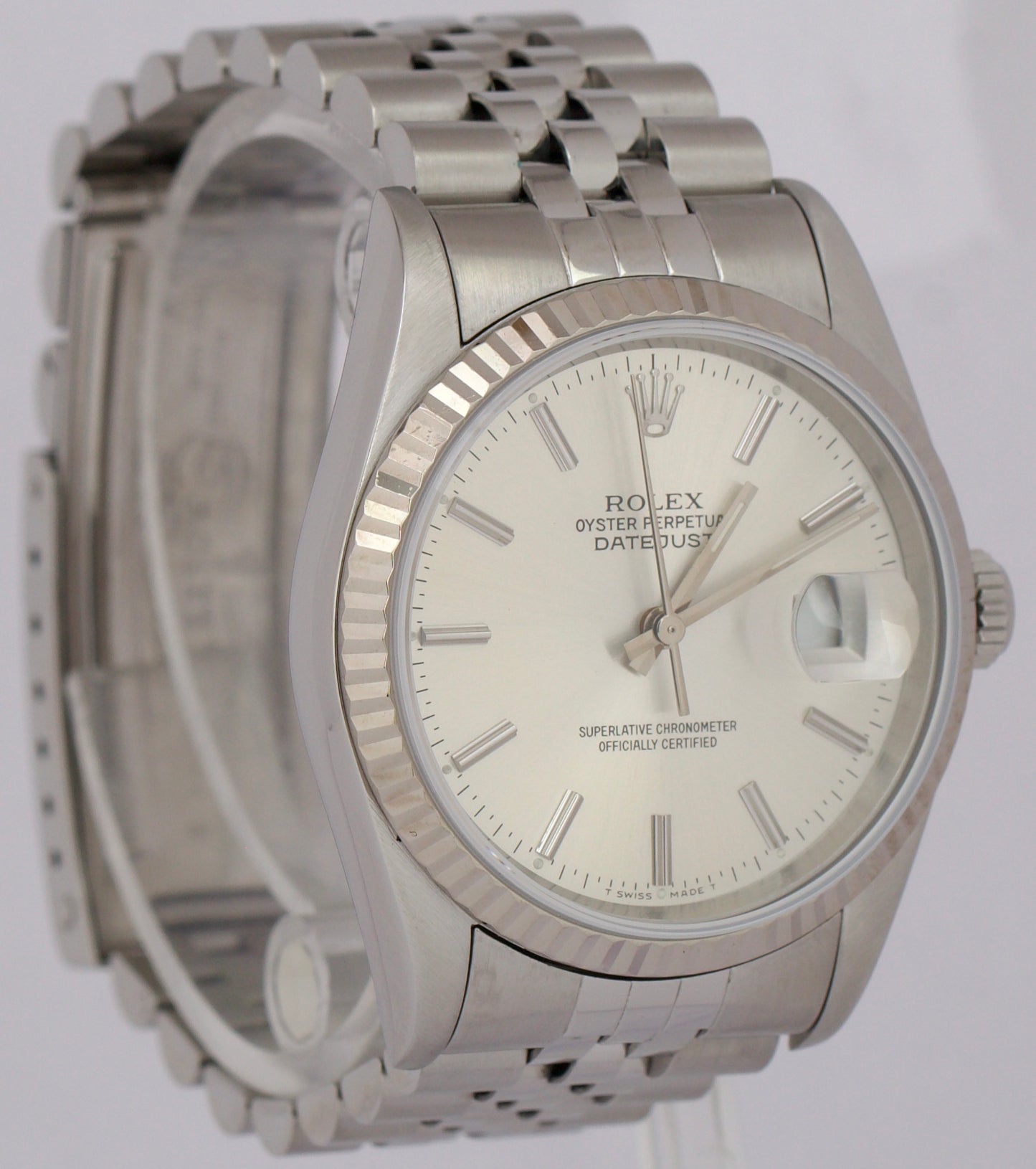 Rolex DateJust SILVER 36mm Stainless Steel JUBILEE 18K White Gold 16234 Watch