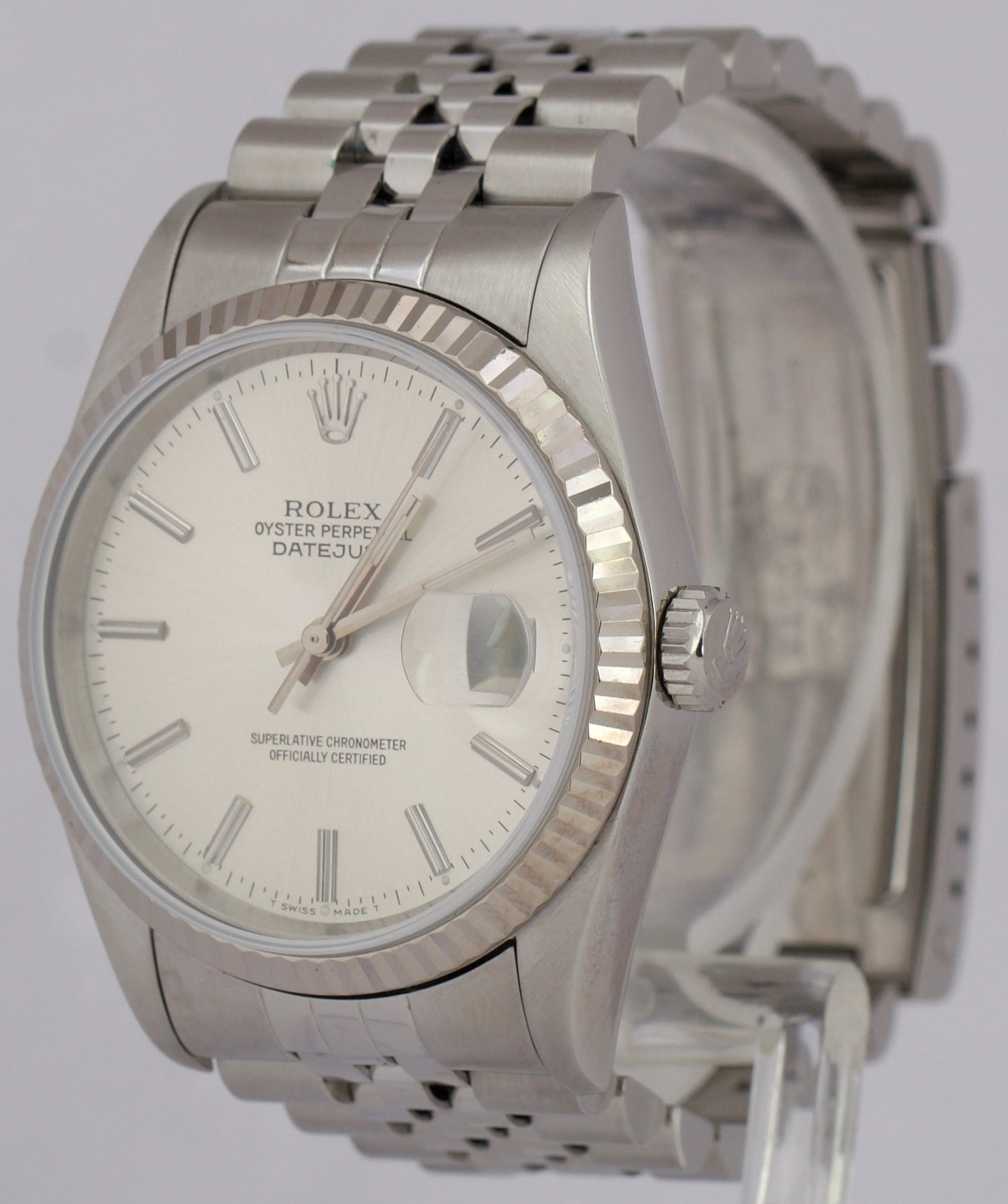 Rolex DateJust SILVER 36mm Stainless Steel JUBILEE 18K White Gold 16234 Watch