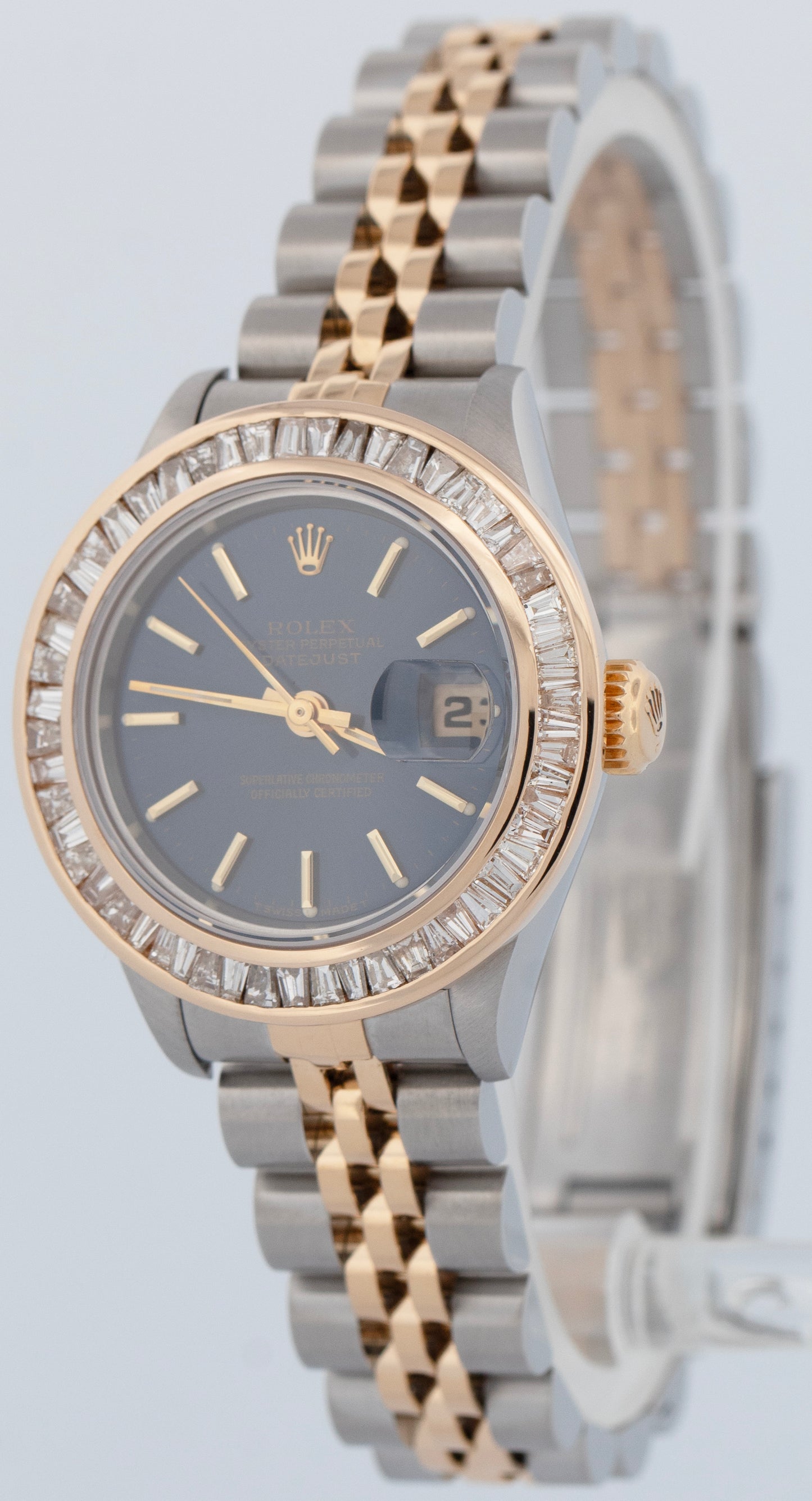 Ladies Rolex DateJust 26mm BLUE Dial DIAMOND Bezel 18K Gold Steel JUBILEE 69173