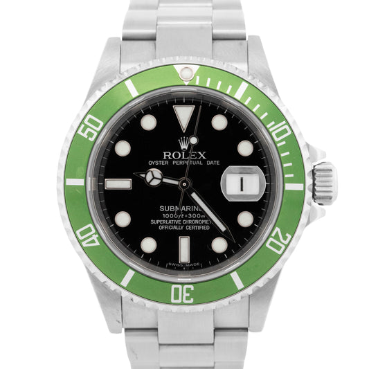 Rolex Submariner Date 40mm Kermit Green Stainless Steel Dive Watch 16610 LV