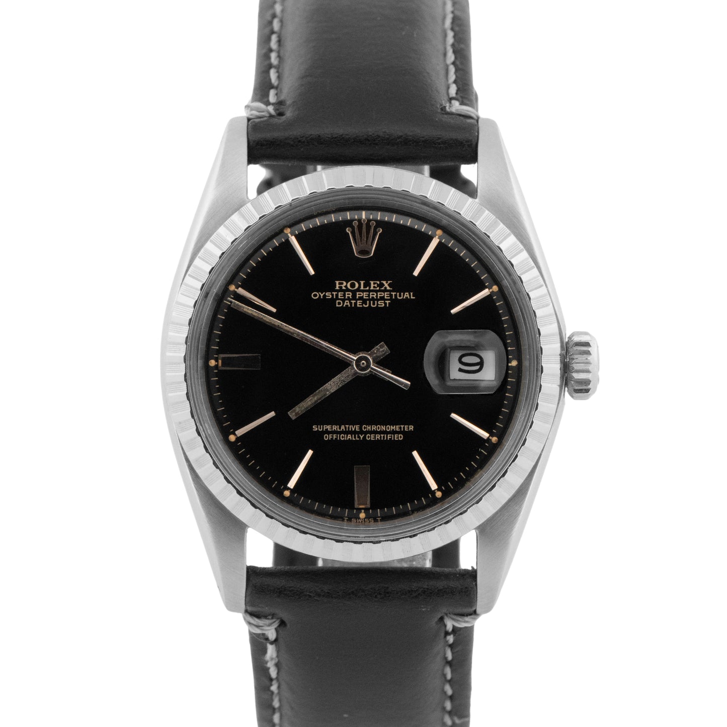 Rolex DateJust 36mm Black Stainless Engine Turned Automatic Watch 1603
