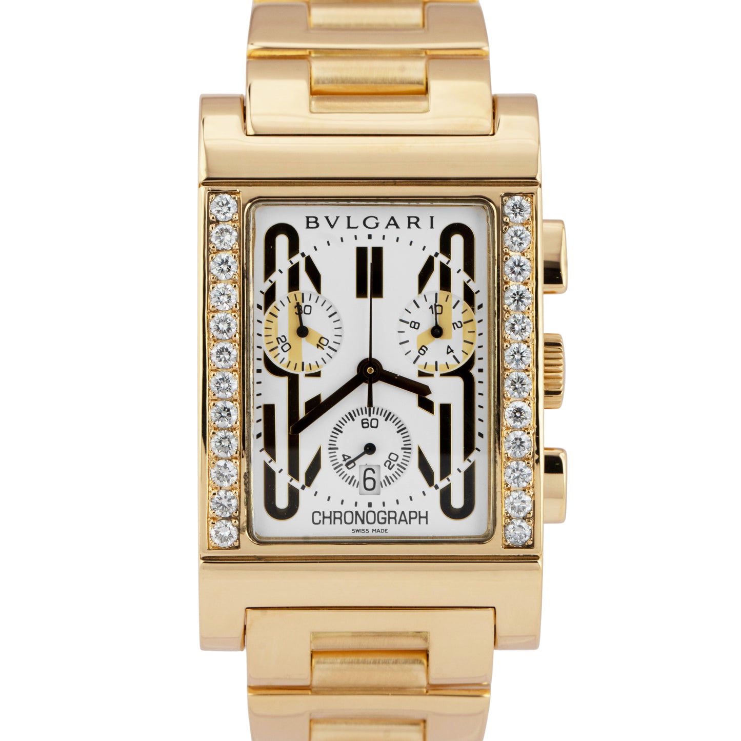 MINT BVLGARI Rettangulo Chronograph 18K DIAMOND Yellow Gold 29mm Watch RTC 49 G