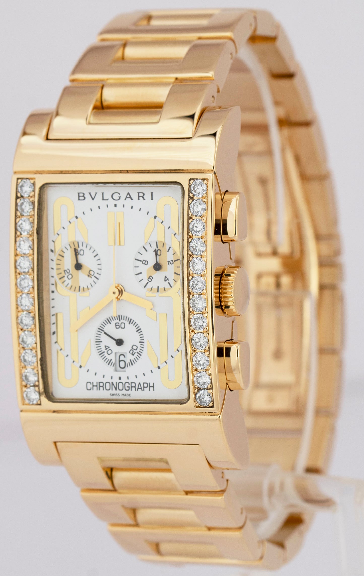 MINT BVLGARI Rettangulo Chronograph 18K DIAMOND Yellow Gold 29mm Watch RTC 49 G
