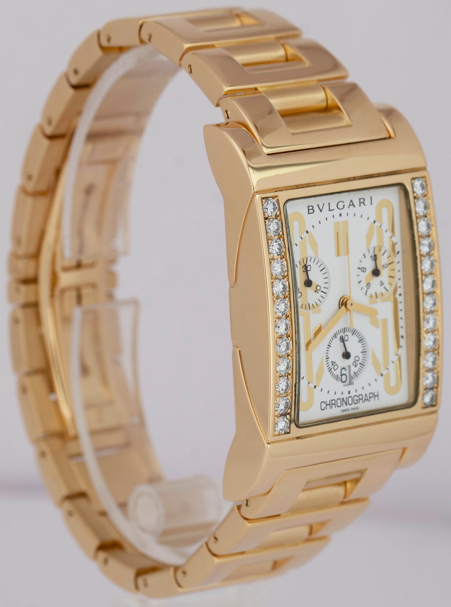MINT BVLGARI Rettangulo Chronograph 18K DIAMOND Yellow Gold 29mm Watch RTC 49 G