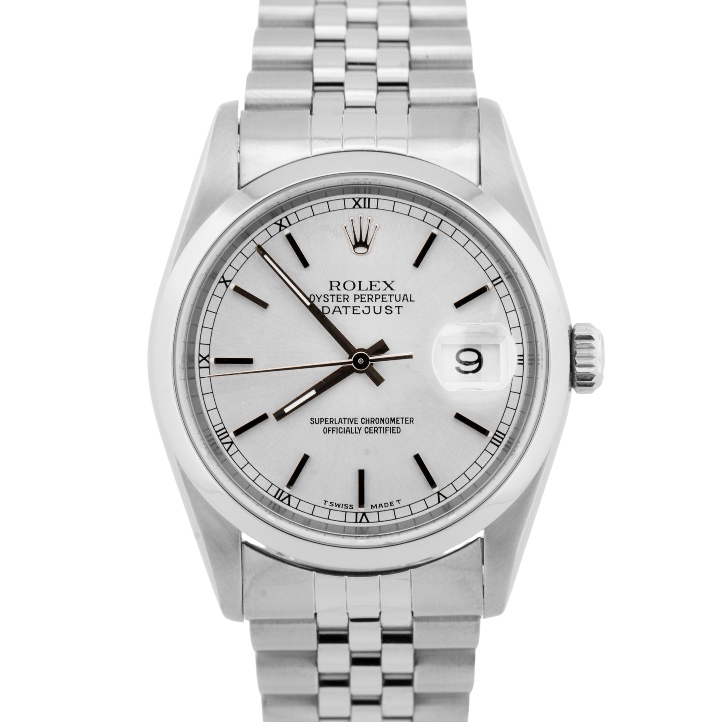 Rolex DateJust 36mm Silver Stainless Jubilee NO-HOLES Automatic Watch 16200