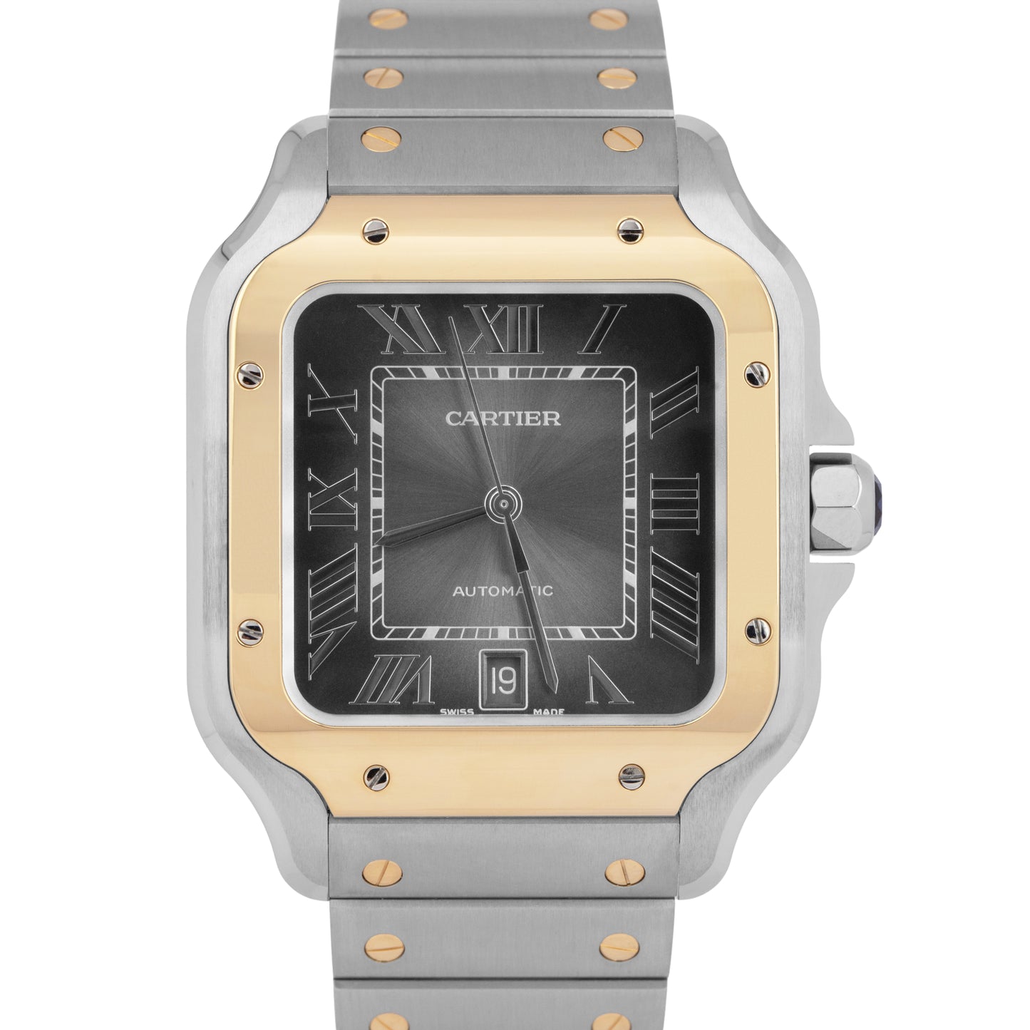 NEW PAPERS Cartier Santos 39.8mm Gray 18K Gold Steel Watch 4072 W2SA0030 BOX