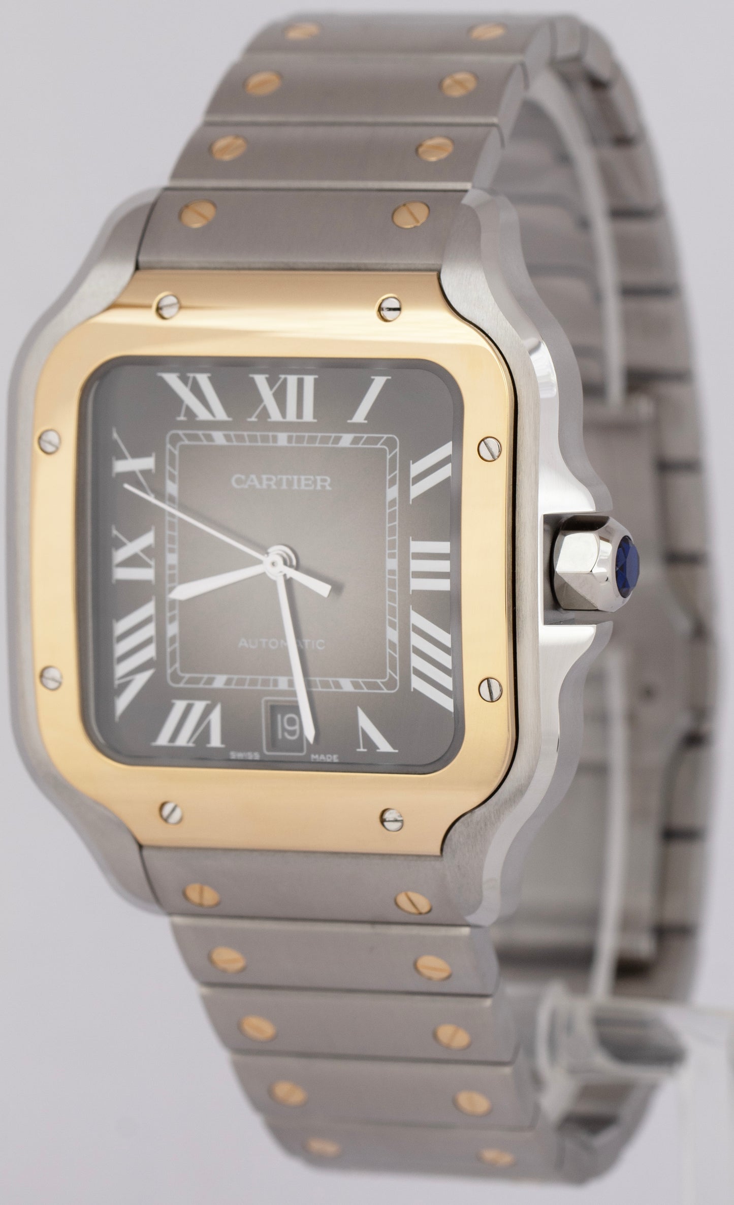 NEW PAPERS Cartier Santos 39.8mm Gray 18K Gold Steel Watch 4072 W2SA0030 BOX