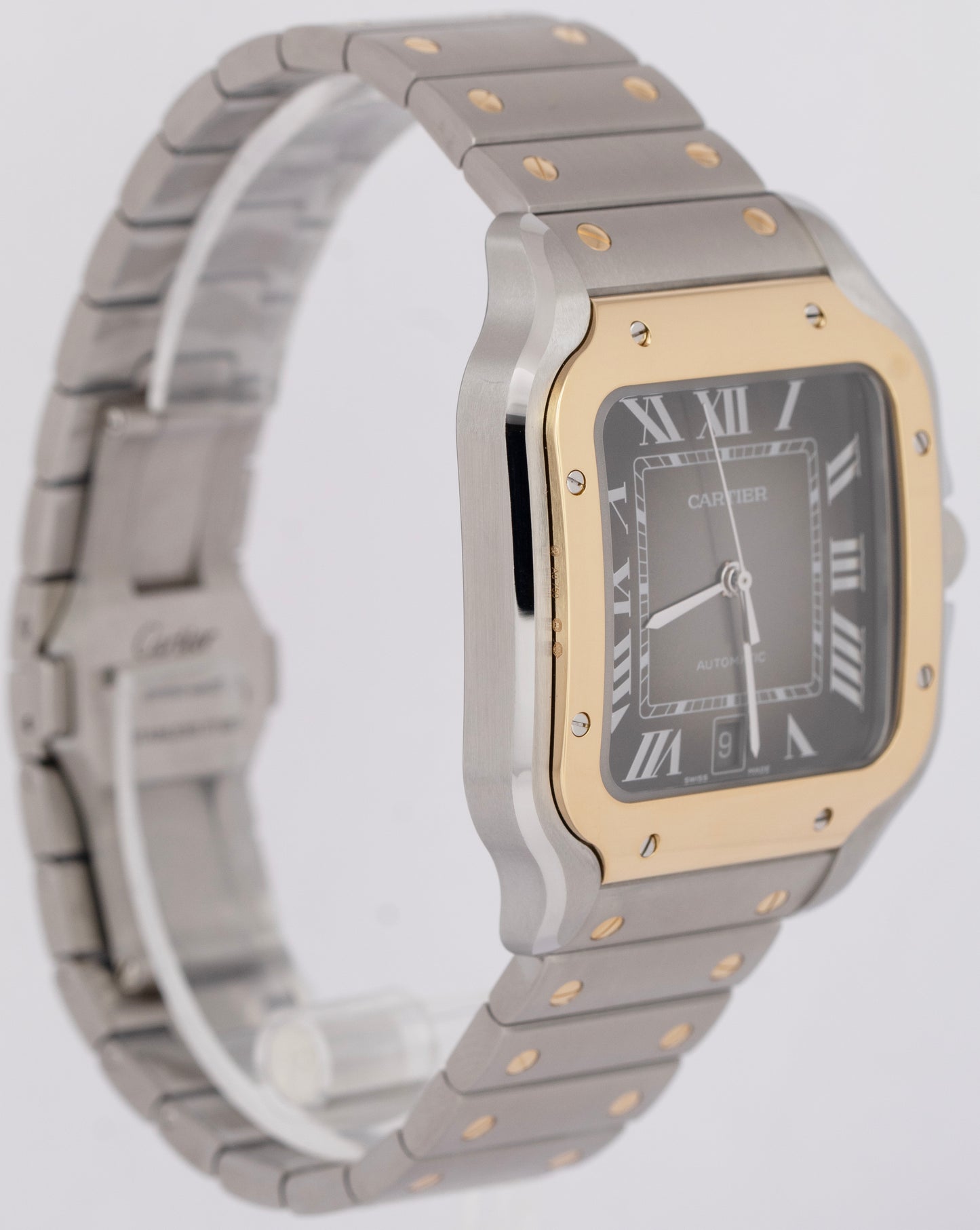 NEW PAPERS Cartier Santos 39.8mm Gray 18K Gold Steel Watch 4072 W2SA0030 BOX