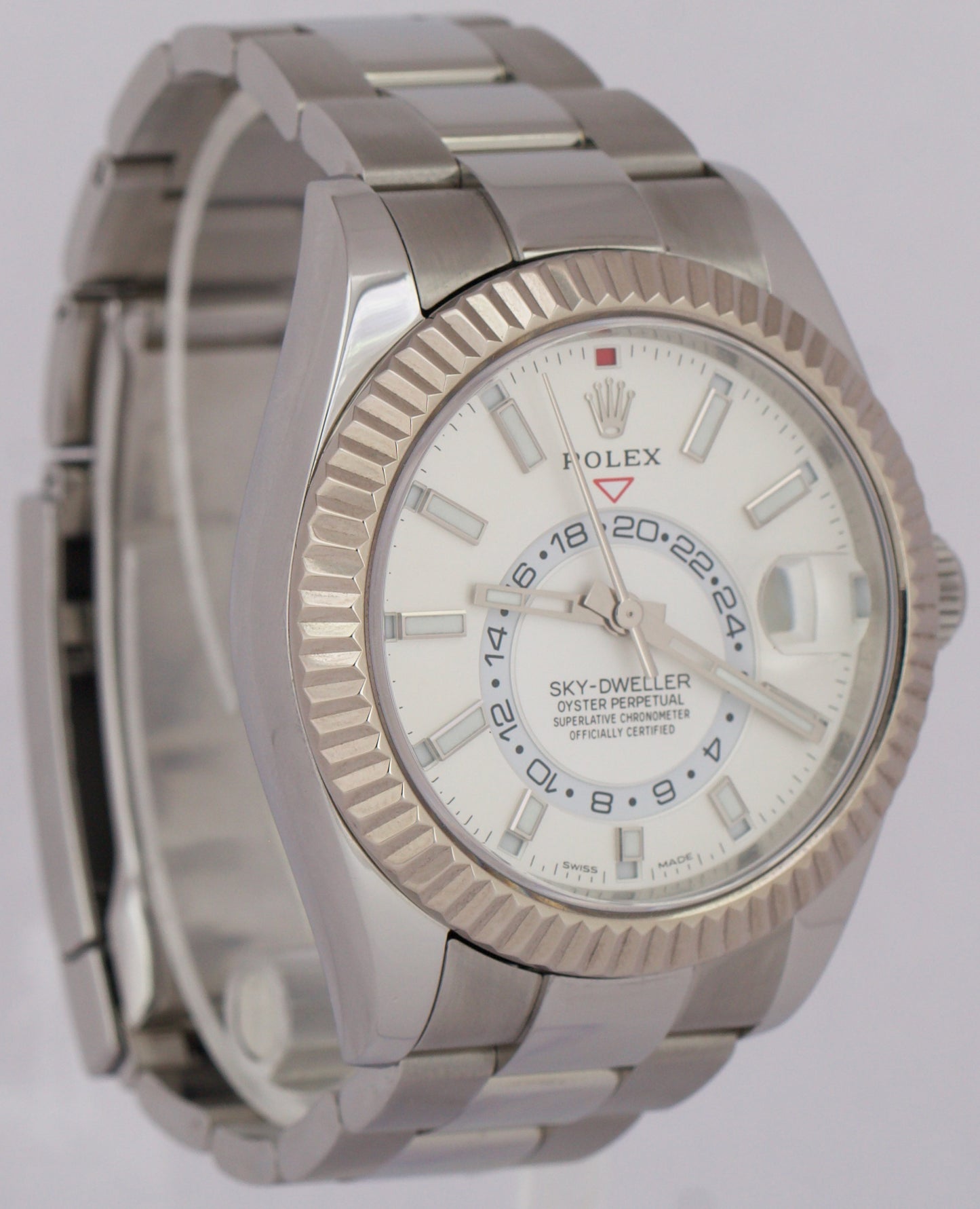 Rolex Sky-Dweller WHITE Stainless Steel Oyster Fluted 18k Gold 42mm 326934 Watch