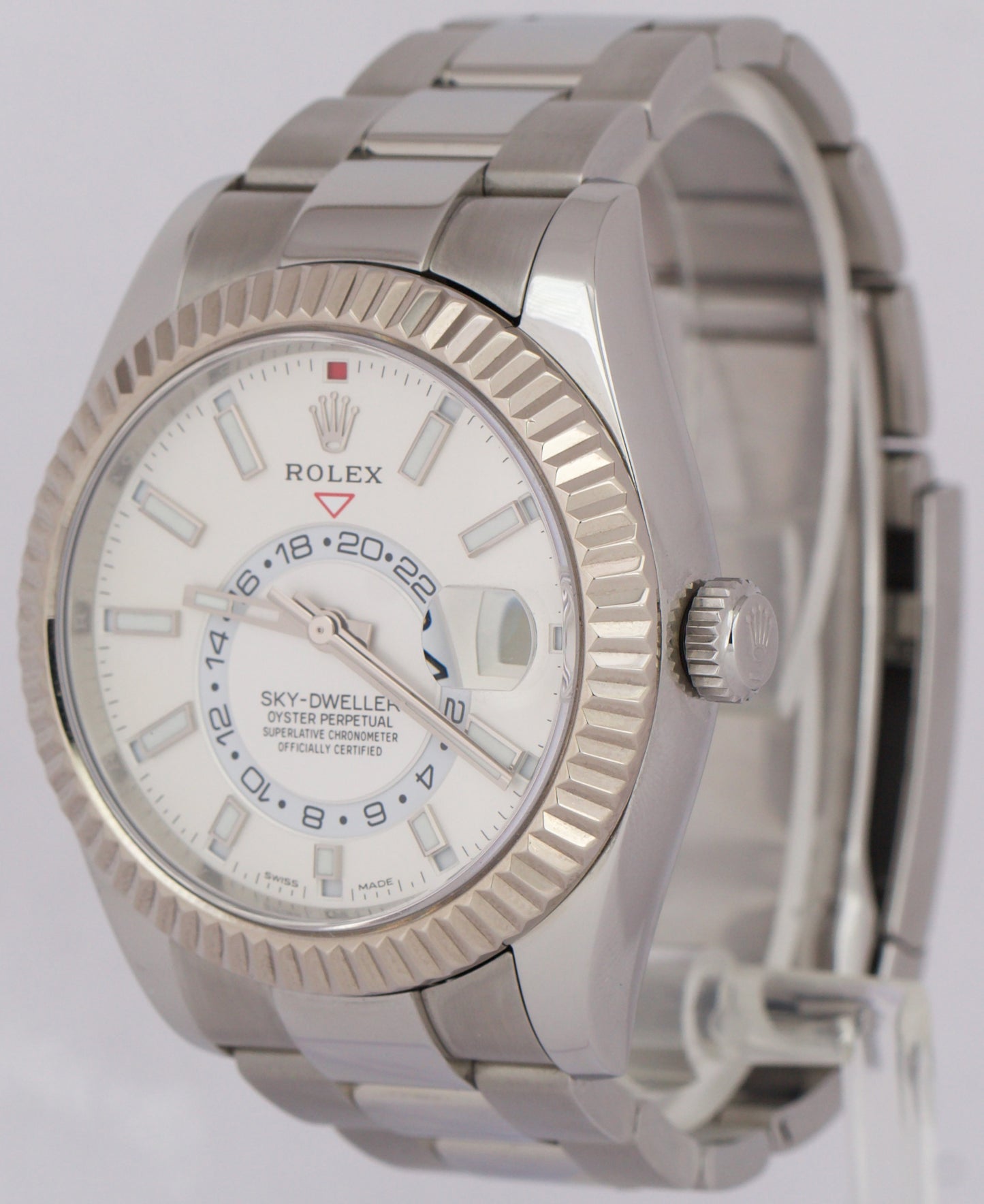 Rolex Sky-Dweller WHITE Stainless Steel Oyster Fluted 18k Gold 42mm 326934 Watch