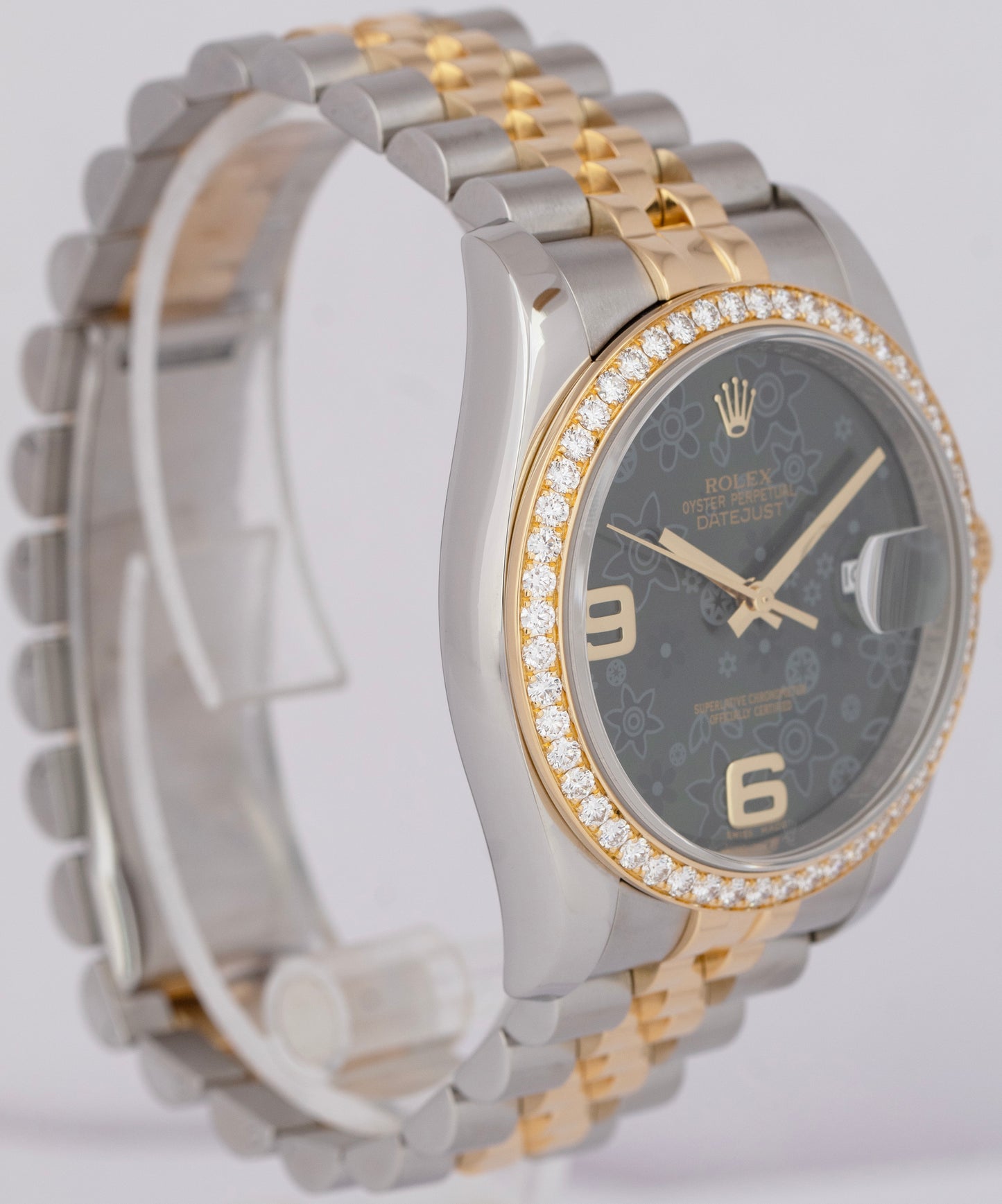 MINT Rolex DateJust 36mm Green Floral DIAMOND Two-Tone Gold Steel Watch 116243
