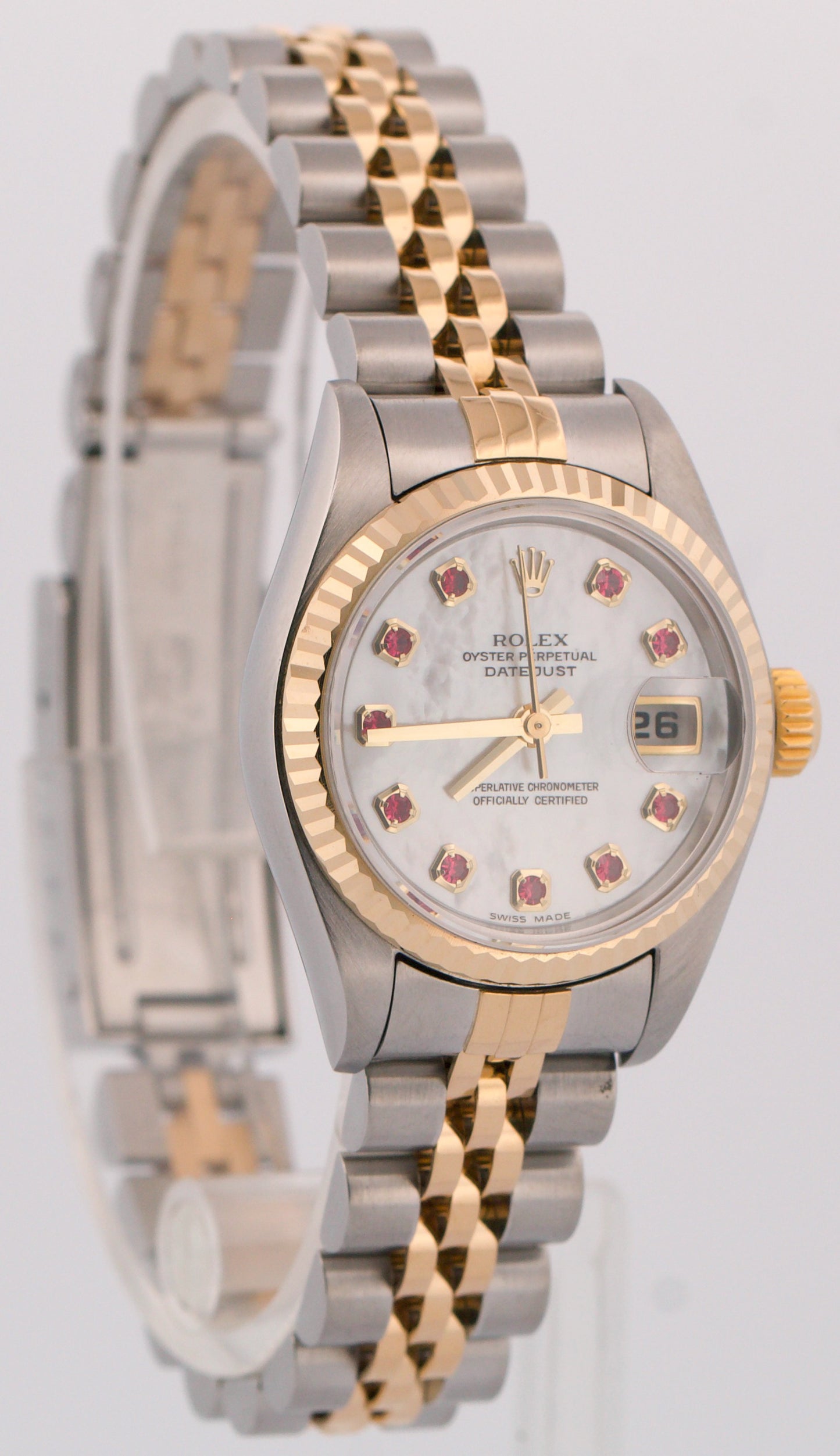 Ladies Rolex DateJust FACTORY MOTHER OF PEARL RUBY 18K 26mm JUBILEE 79173 BOX