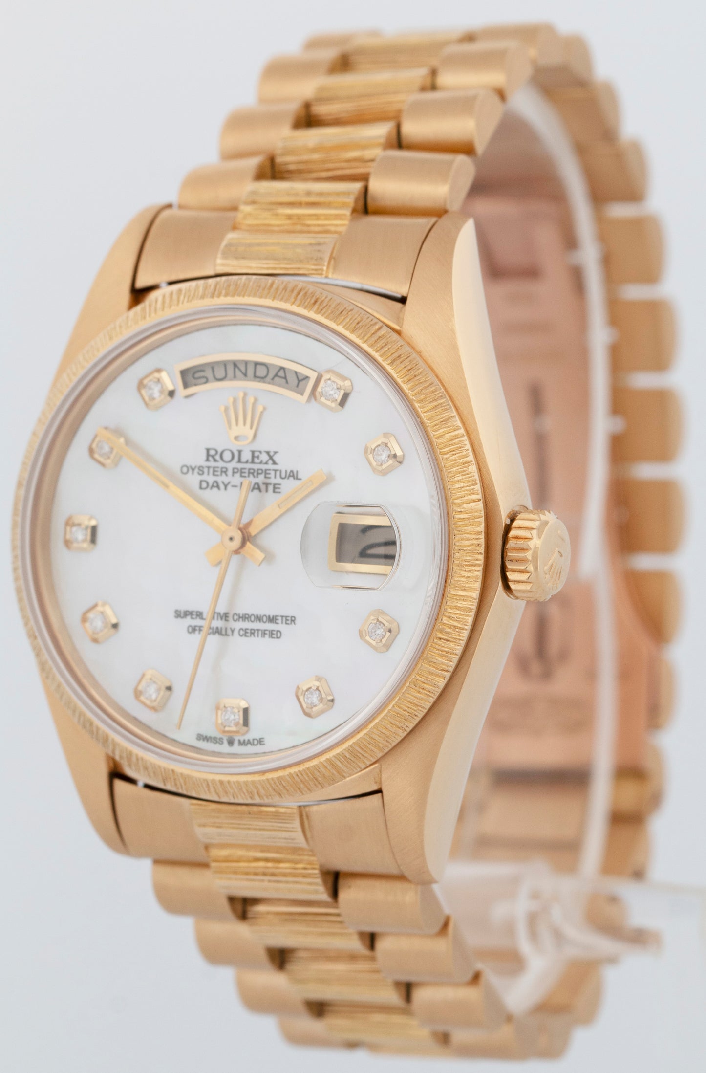 Rolex Day-Date President MOTHER OF PEARL Diamond Bark 36mm 18K Gold Watch 1803