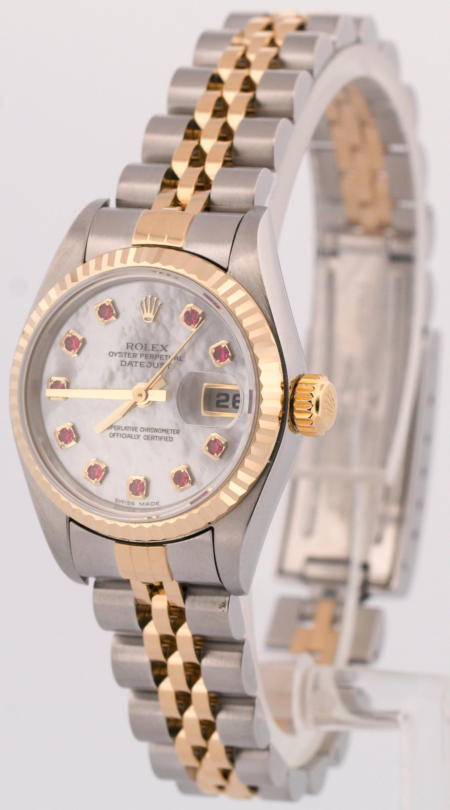 Ladies Rolex DateJust FACTORY MOTHER OF PEARL RUBY 18K 26mm JUBILEE 79173 BOX