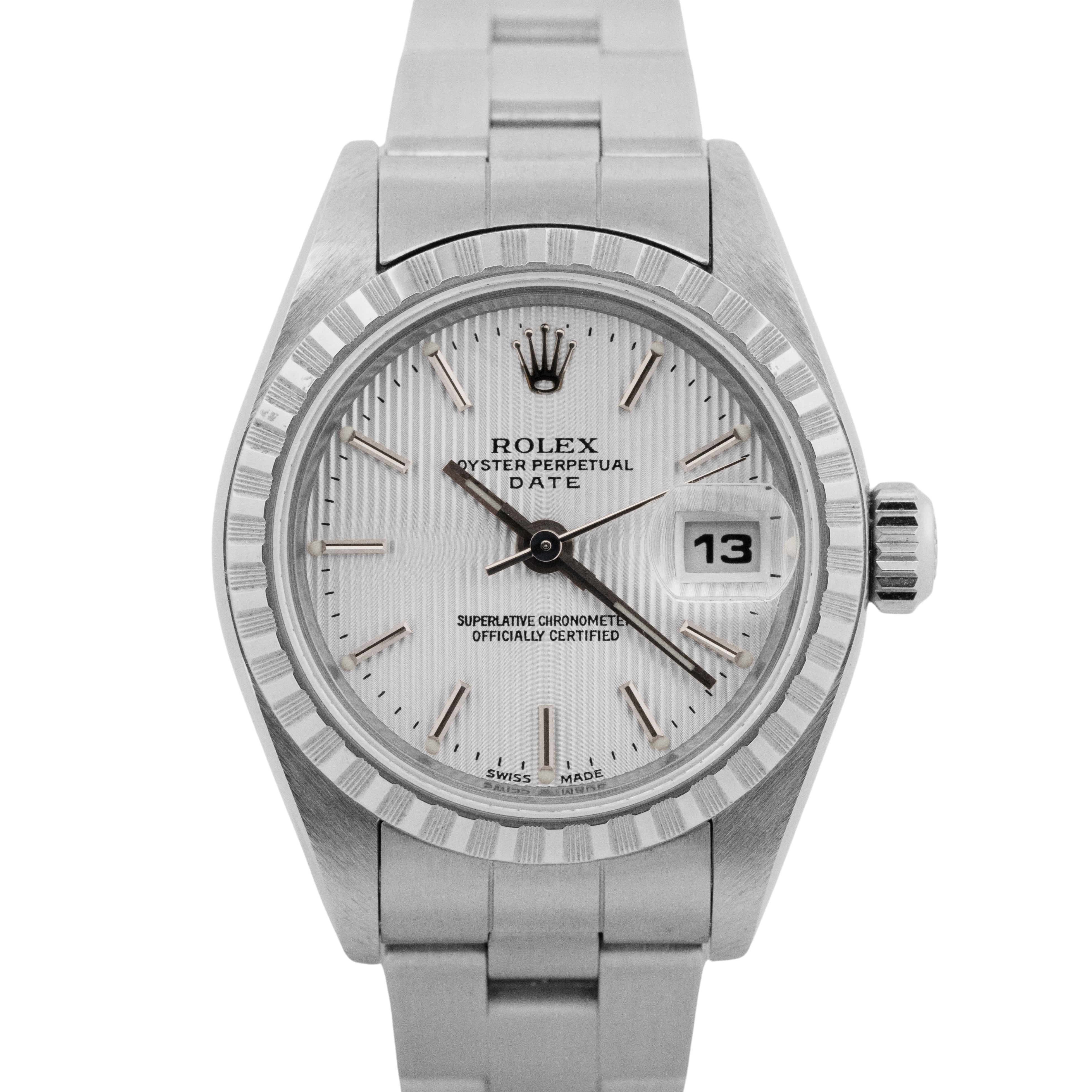 Rolex Lady-Date 26mm Ref. 79240 - Rare Silver Tapestry Dial - Stainless Steel Buy Rolex Date 26MM 79240 Silver Dial Engine Turned Bezel  main image 3