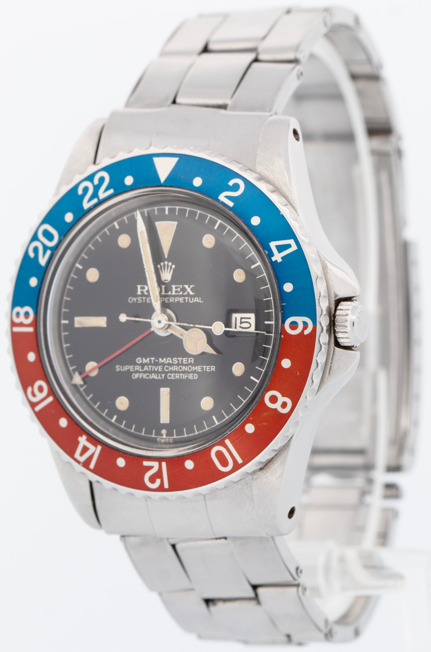 VINTAGE 1961 Rolex GMT-Master Red Blue PEPSI Black Patina Steel 40mm Watch 1675