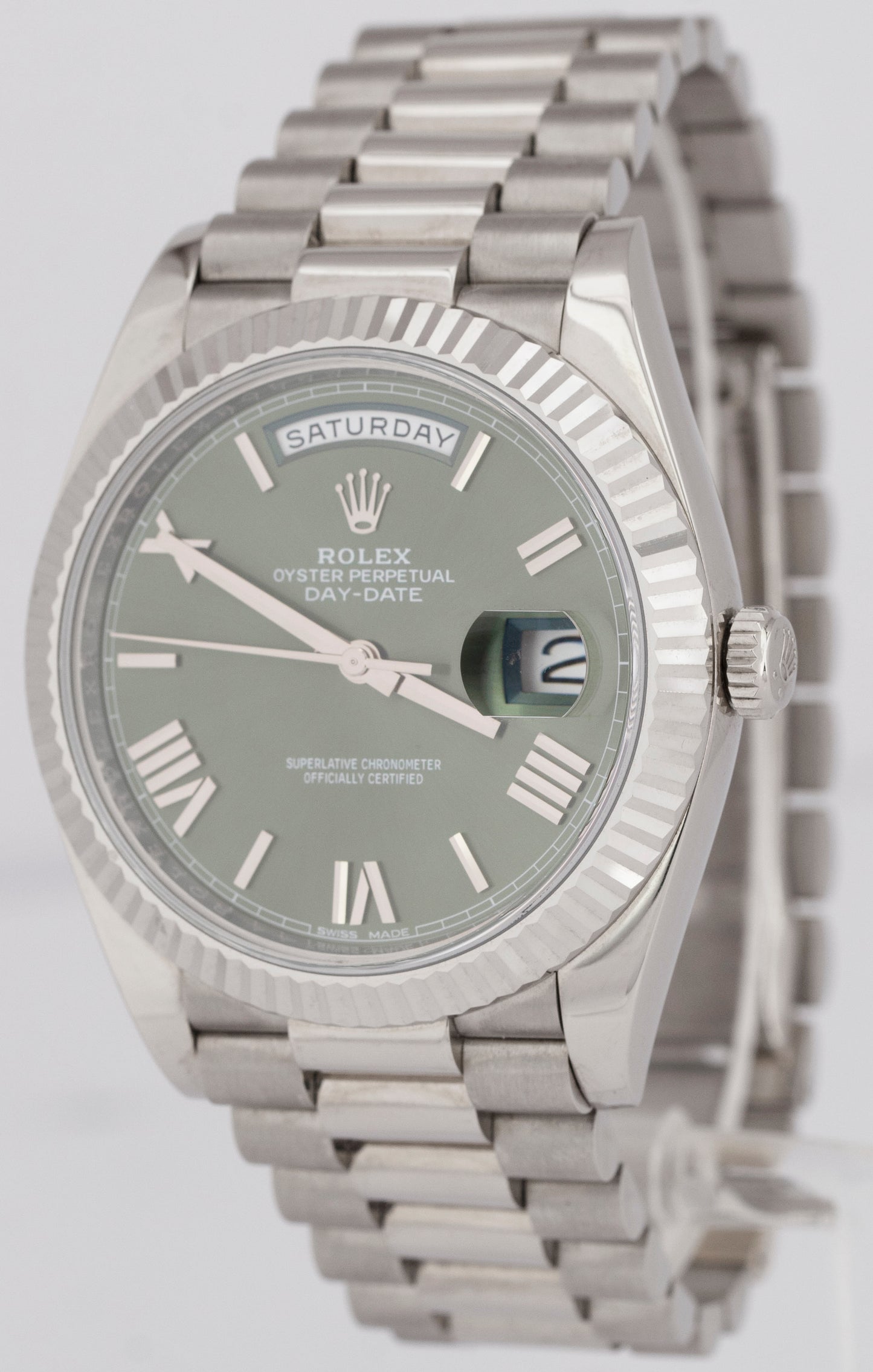 PAPERS MINT Rolex Day-Date 40mm OLIVE Green White Gold President 18K 228239 BOX