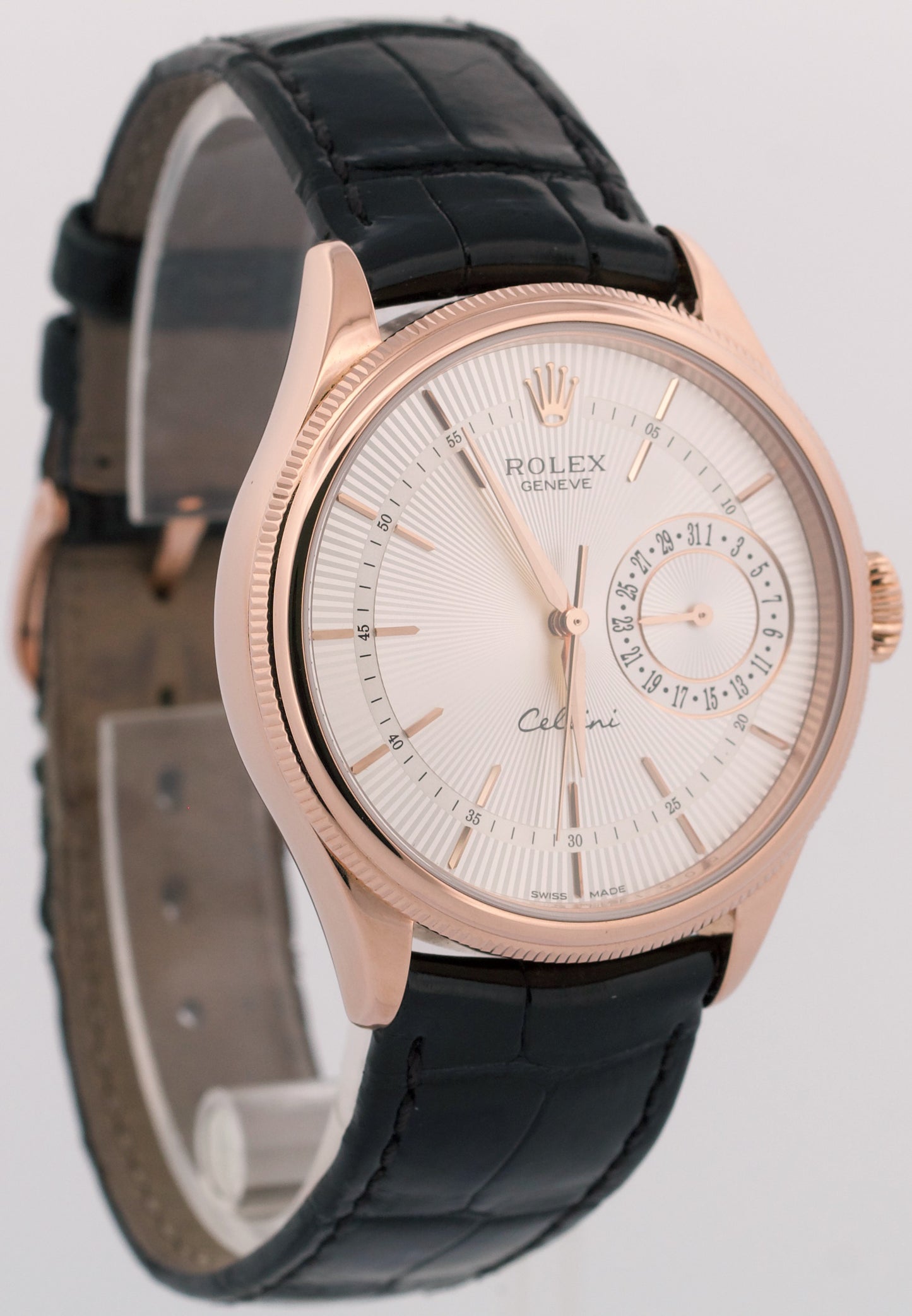 Rolex Cellini Date 18k Rose Gold SILVER GUILLOCHE Leather 39mm 50515 Watch