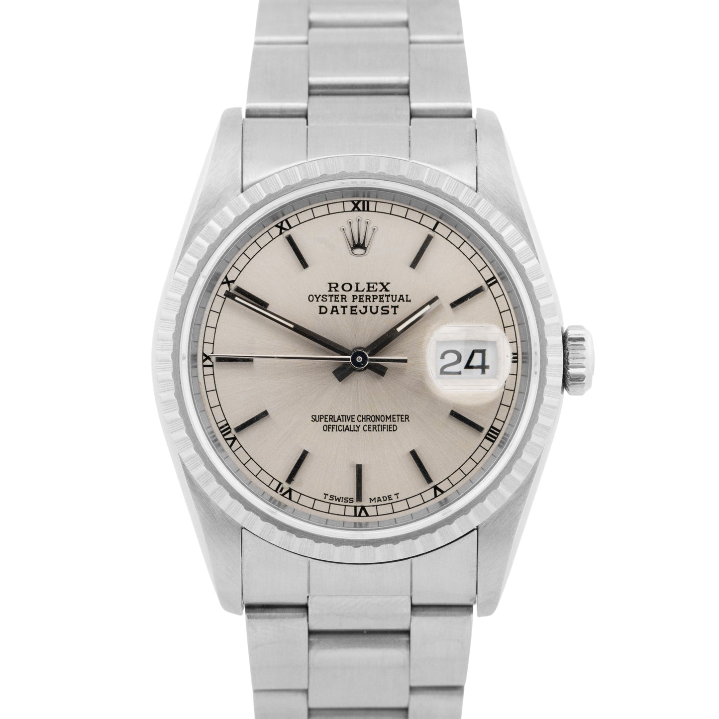 PAPERS Rolex DateJust Silver 36mm Stainless Steel Engine-Turned Watch 16220 BOX