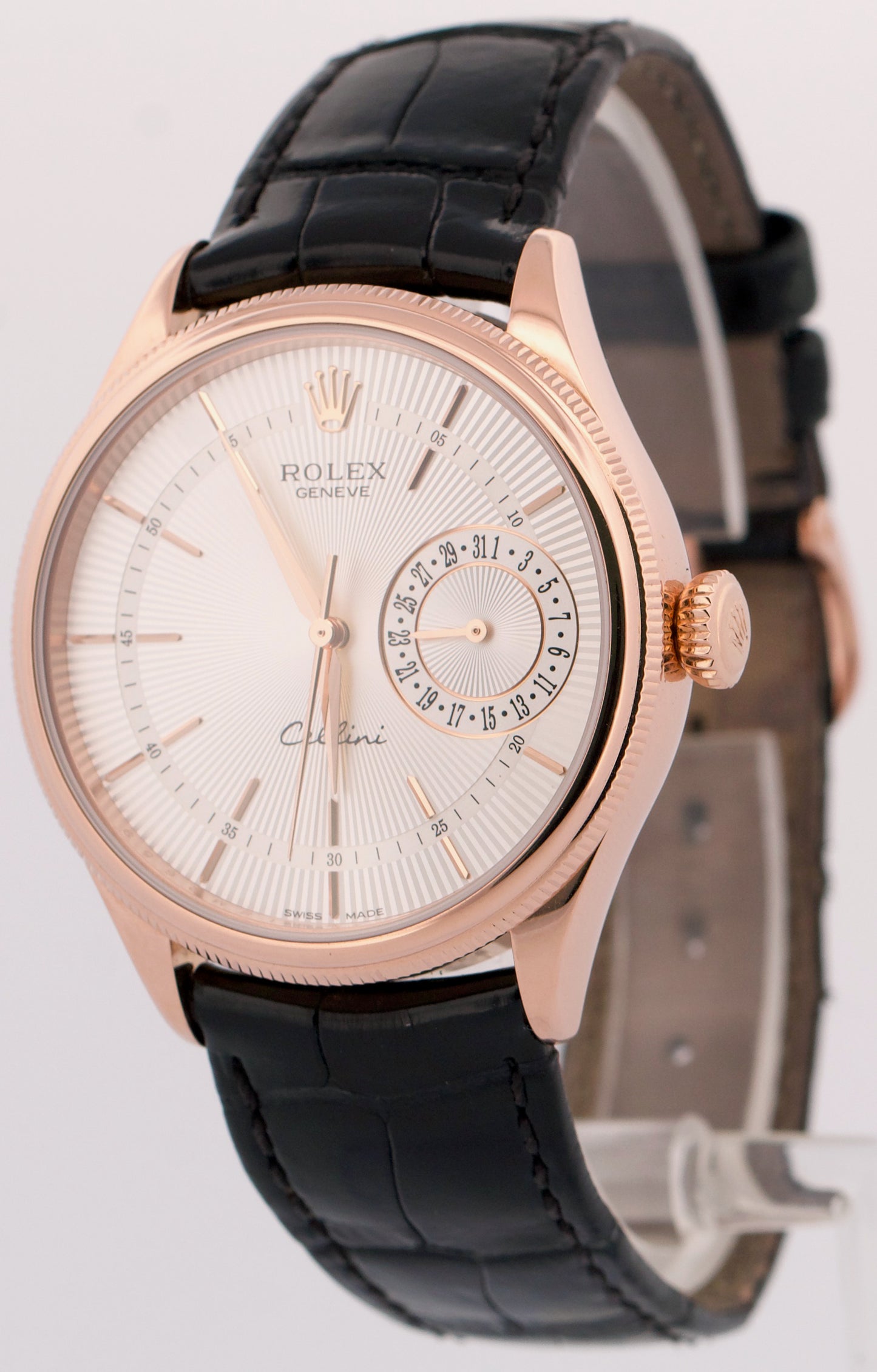 Rolex Cellini Date 18k Rose Gold SILVER GUILLOCHE Leather 39mm 50515 Watch