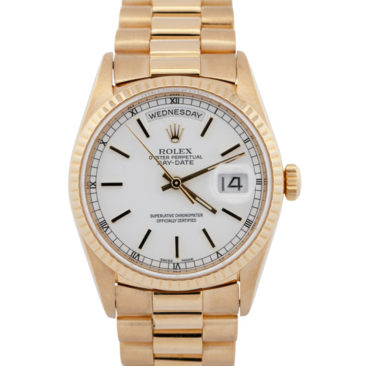 Rolex Day-Date President WHITE Dial 36mm 18K Yellow Gold Fluted 18238 Watch